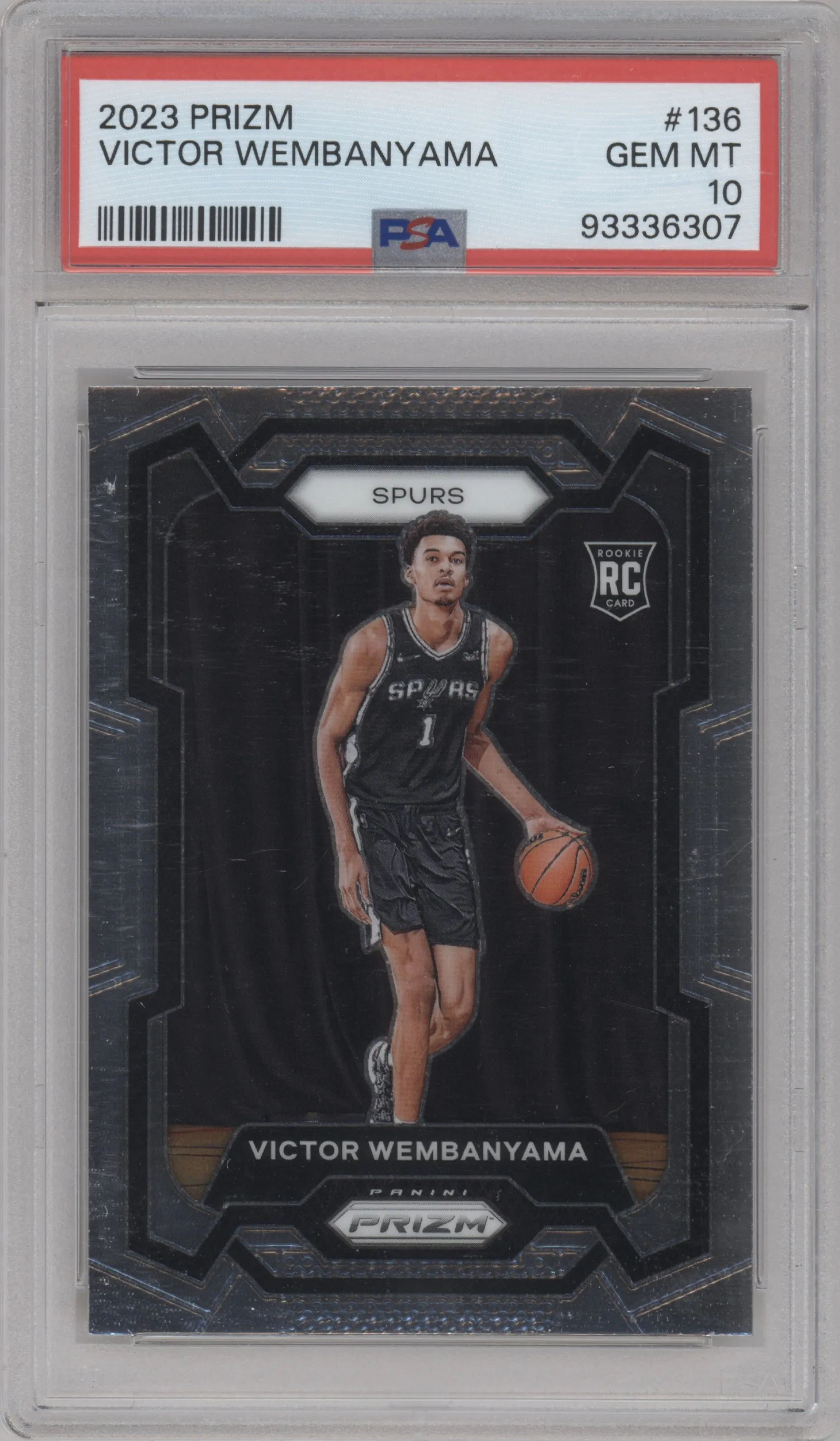 Victor Wembanyama from the 2023-24 Panini Prizm set graded by PSA and given an overall grade of 10.