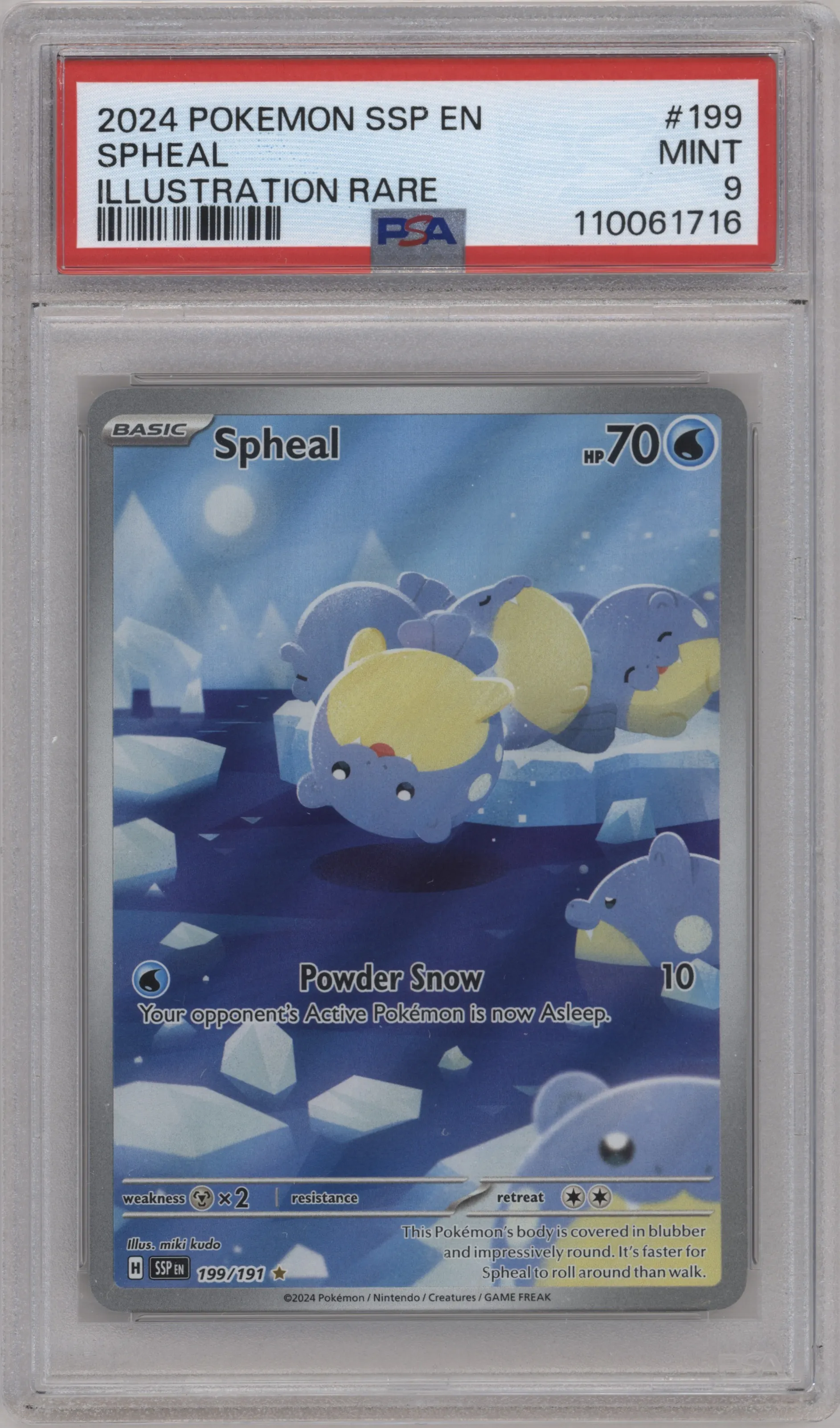 Spheal from the 2024 Pokemon SV set graded by PSA and given an overall grade of 9.