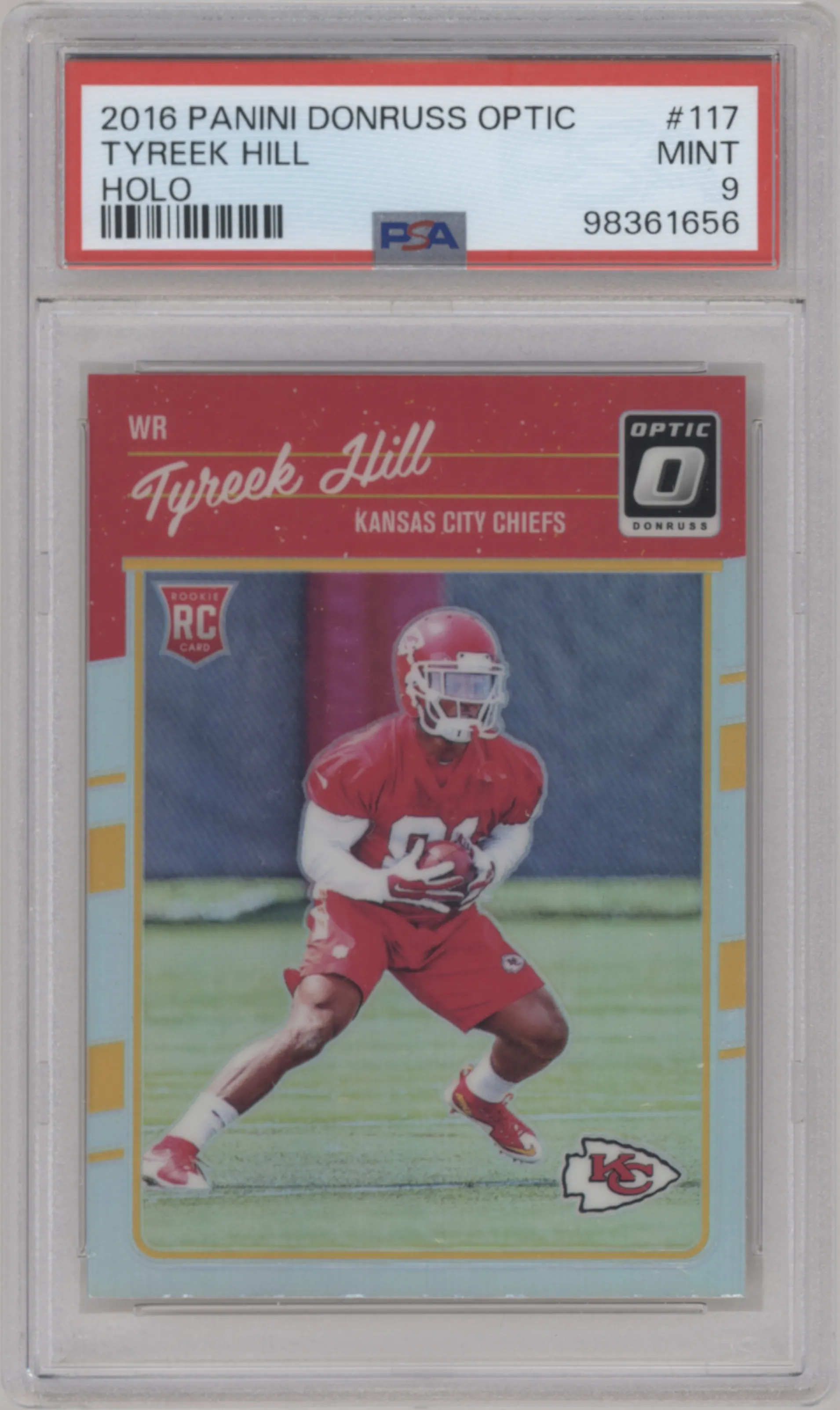 Tyreek Hill from the 2016 Panini Donruss Optic set featuring a Holo parallel graded by PSA and given an overall grade of 9.