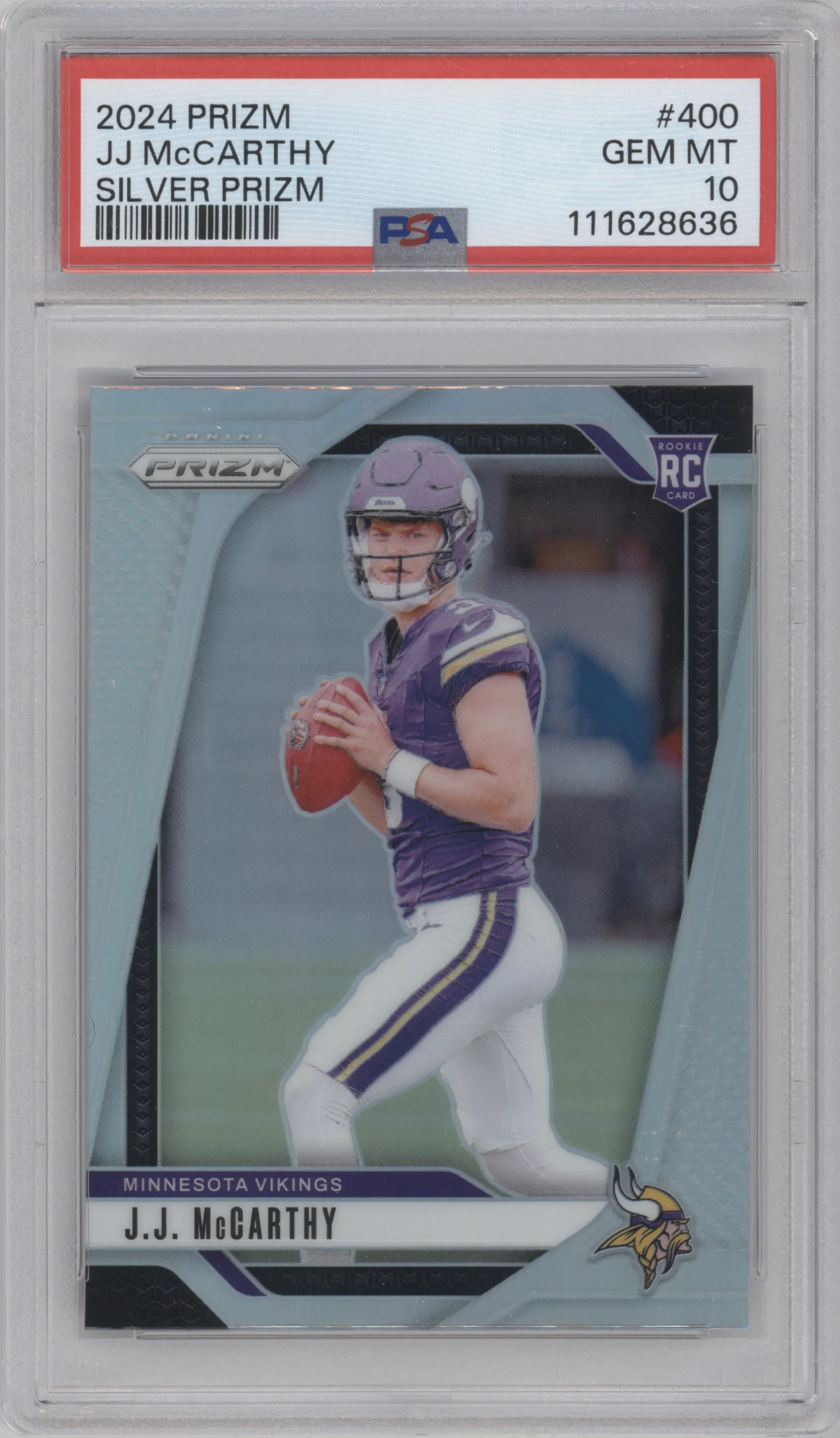J.J. McCarthy from the 2024 Panini Prizm set featuring a Silver Prizm parallel graded by PSA and given an overall grade of 10.