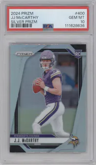 J.J. McCarthy from the 2024 Panini Prizm set featuring a Silver Prizm parallel graded by PSA and given an overall grade of 10.