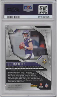J.J. McCarthy from the 2024 Panini Prizm set featuring a Silver Prizm parallel graded by PSA and given an overall grade of 10.