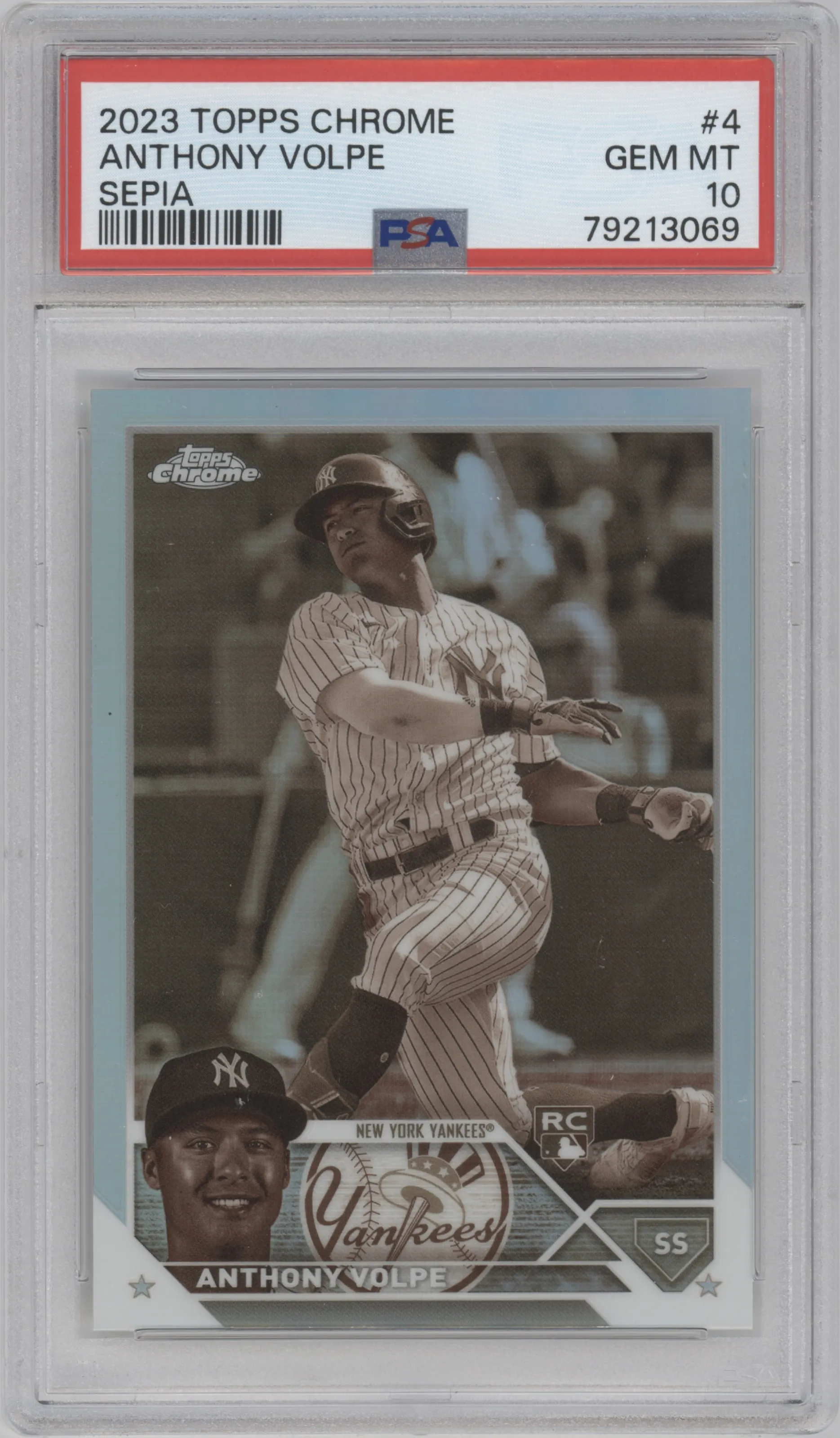 Anthony Volpe from the 2023 Topps Chrome set featuring a Sepia Refractor parallel graded by PSA and given an overall grade of 10.