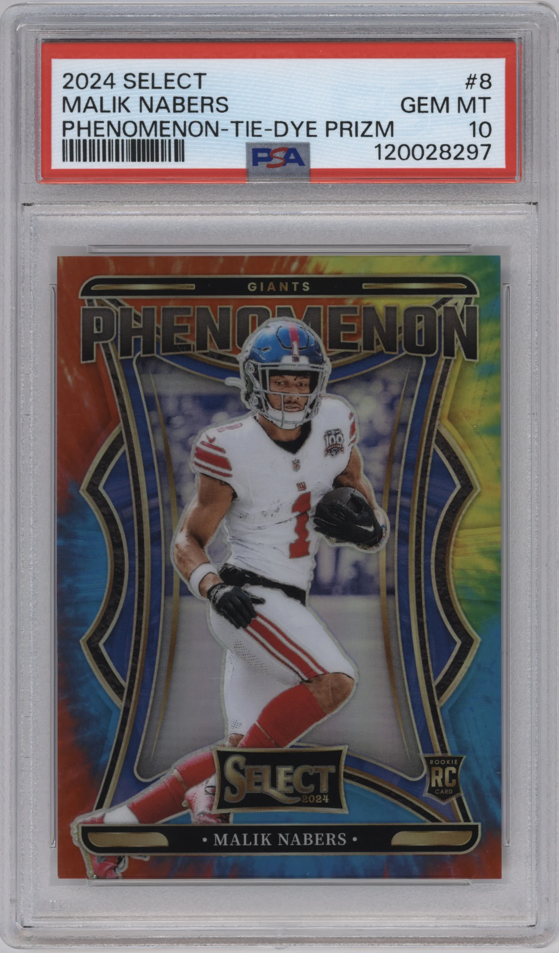 Malik Nabers from the 2024 Panini Select set featuring a Tie-Dye Prizm parallel graded by PSA and given an overall grade of 10.