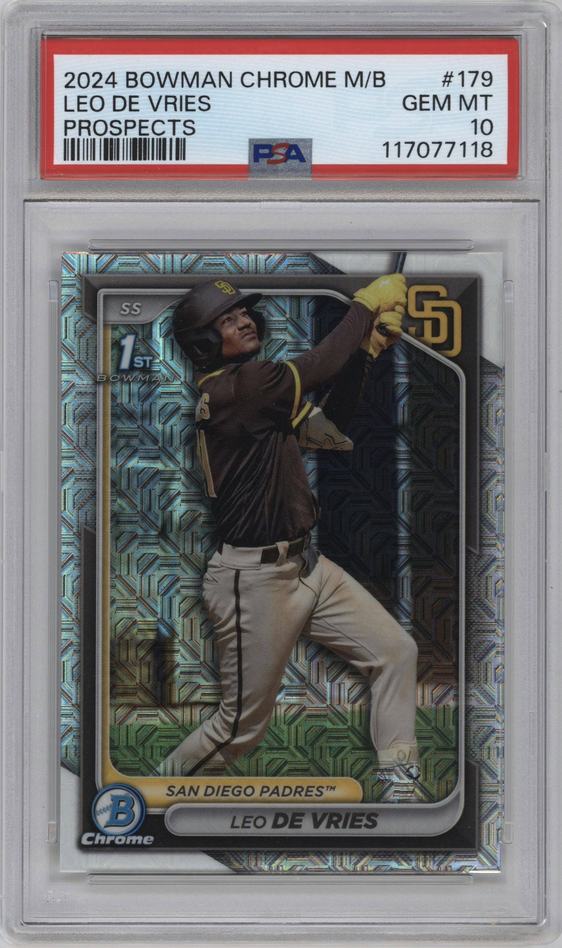 Leo De Vries from the 2024 Bowman Chrome Mega Box set graded by PSA and given an overall grade of 10.