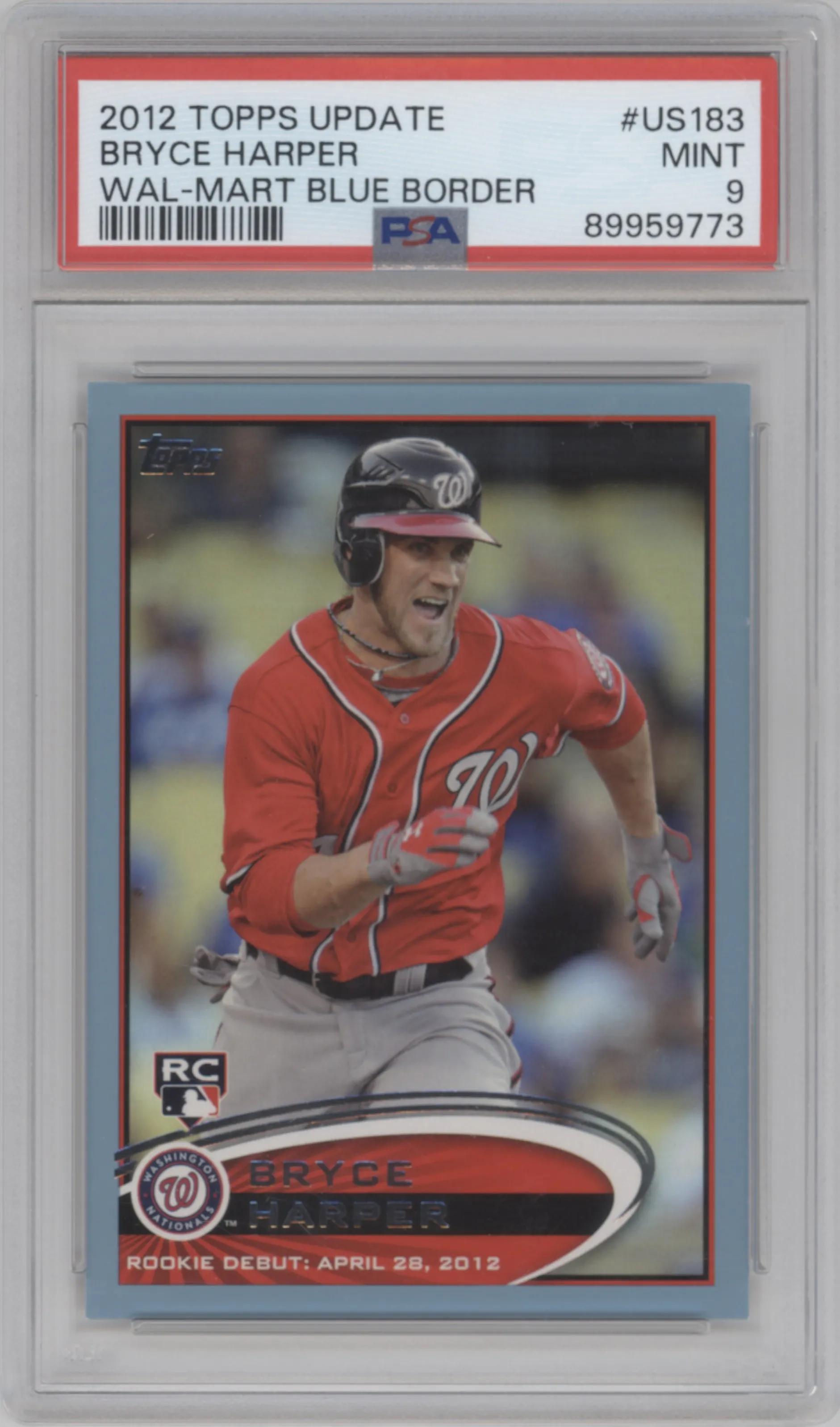 Bryce Harper from the 2012 Topps Update Series set featuring a Blue Border parallel graded by PSA and given an overall grade of 9.