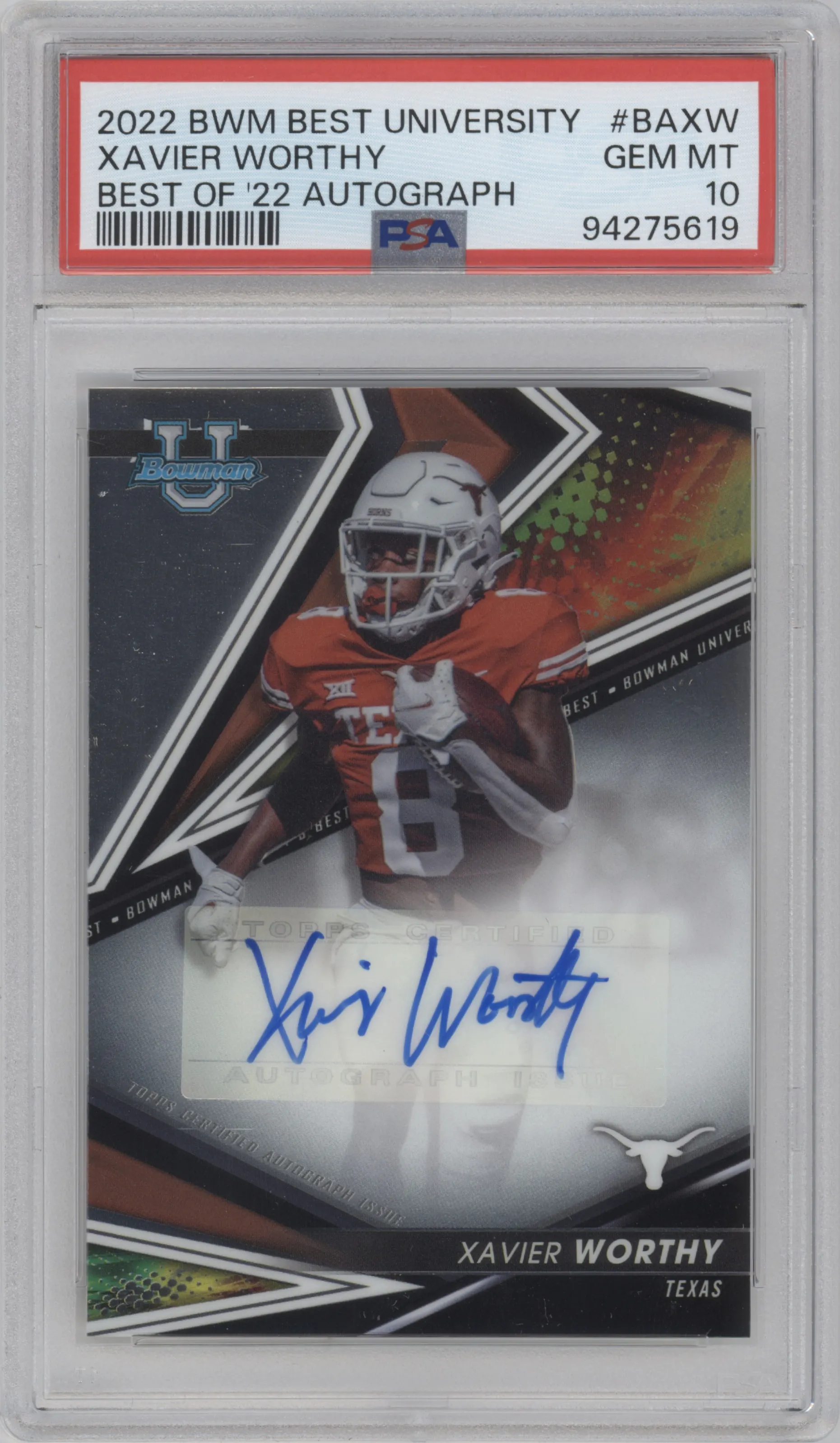 2022 Bowman’s Best University Best of 2022 Auto Xavier Worthy #BA-XW PSA 10