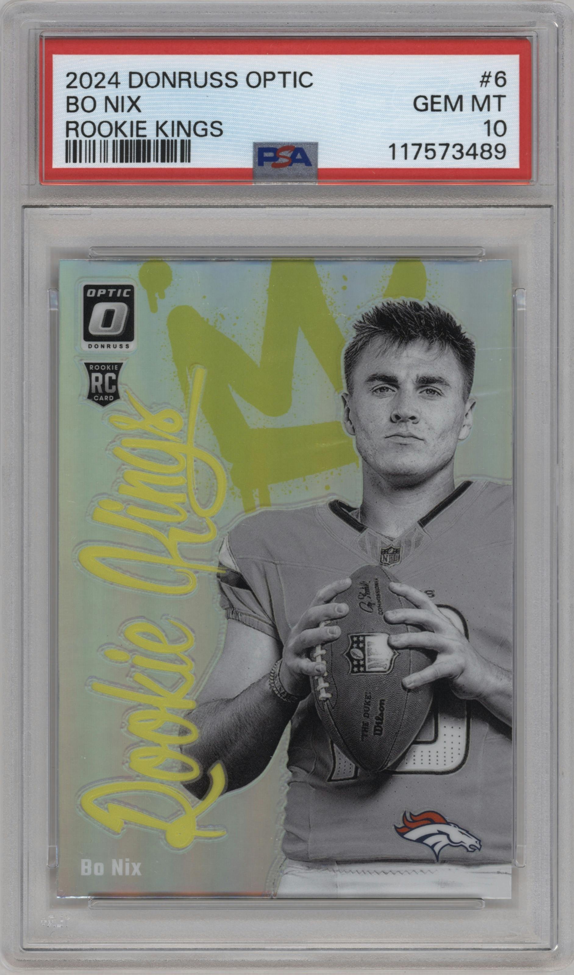 Bo Nix from the 2024 Donruss Optic set graded by PSA and given an overall grade of 10.