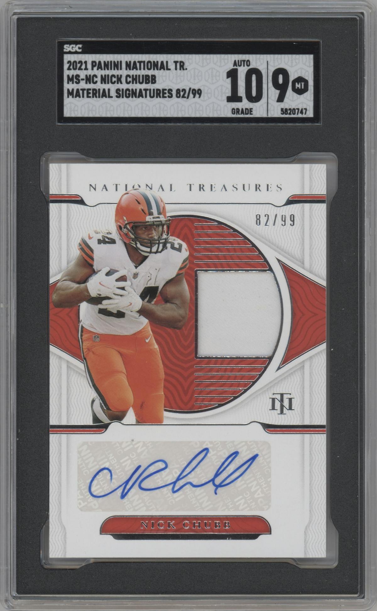 Nick Chubb from the 2021 Panini National Treasures set graded by SGC and given an overall grade of 9.