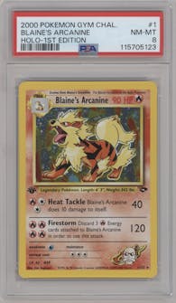 Blaine's Arcanine from the 2000 Pokemon GH set graded by PSA and given an overall grade of 8.