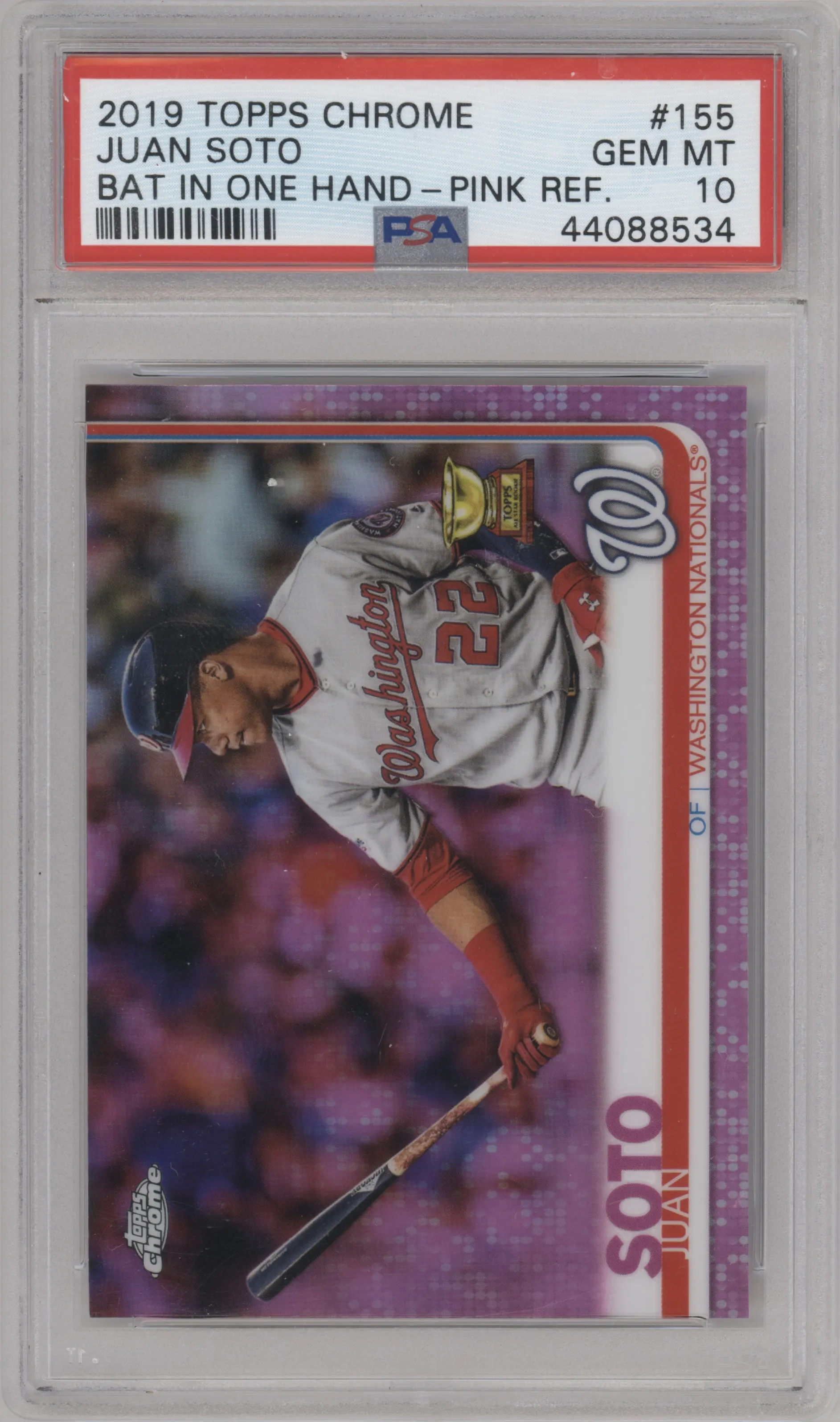 Juan Soto from the 2019 Topps Chrome set featuring a Pink Refractor parallel graded by PSA and given an overall grade of 10.