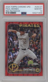 Paul Skenes from the 2024 Topps Chrome Update set featuring a Red RayWave Refractor parallel graded by PSA and given an overall grade of 10.