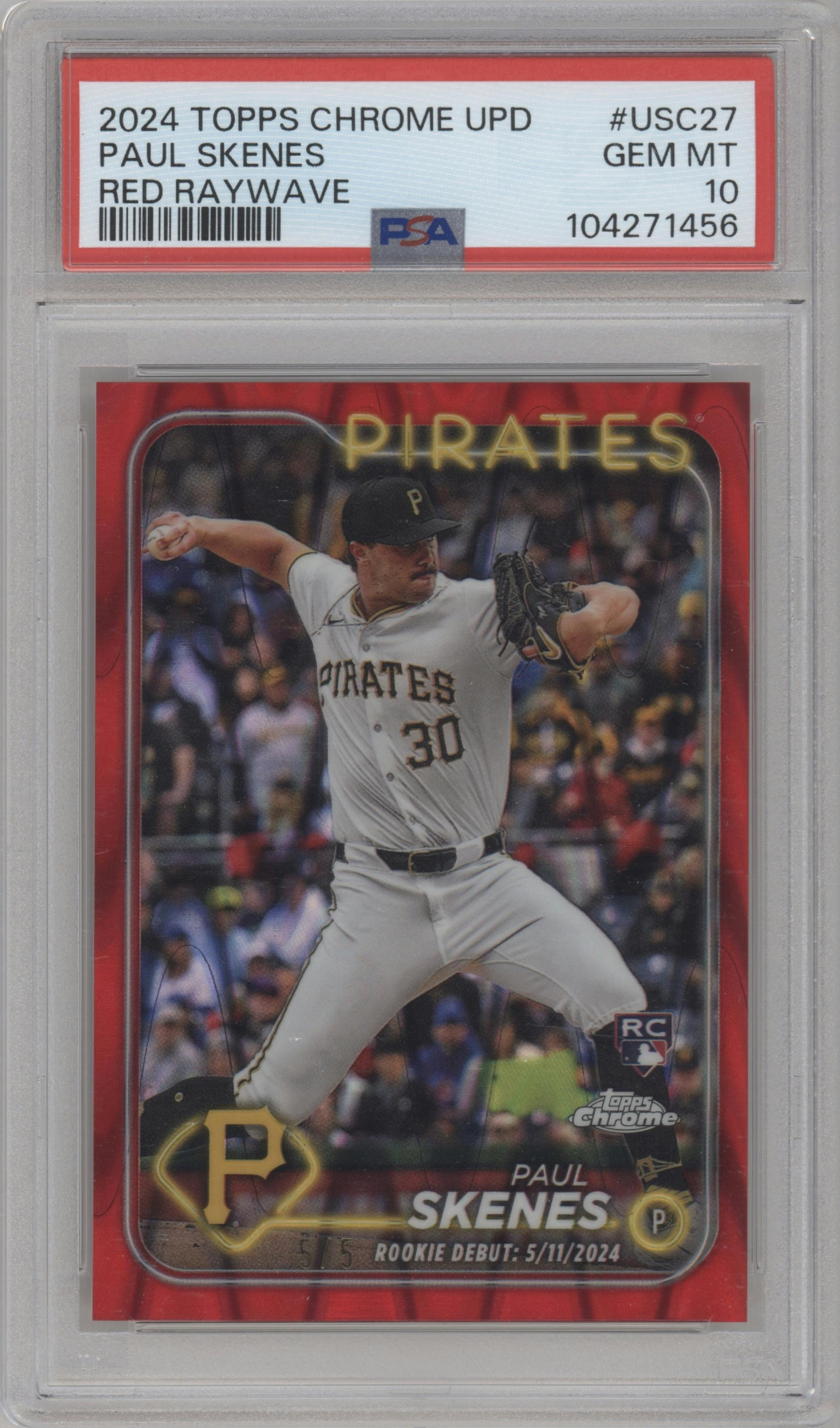 Paul Skenes from the 2024 Topps Chrome Update set featuring a Red RayWave Refractor parallel graded by PSA and given an overall grade of 10.
