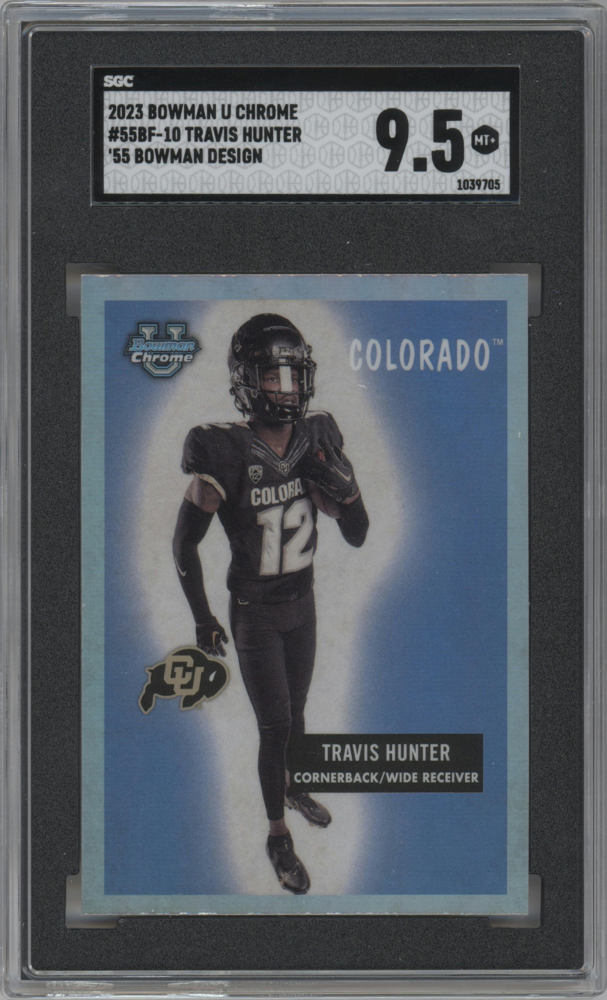 Travis Hunter from the 2023 Bowman Chrome University set graded by SGC and given an overall grade of 9.5.
