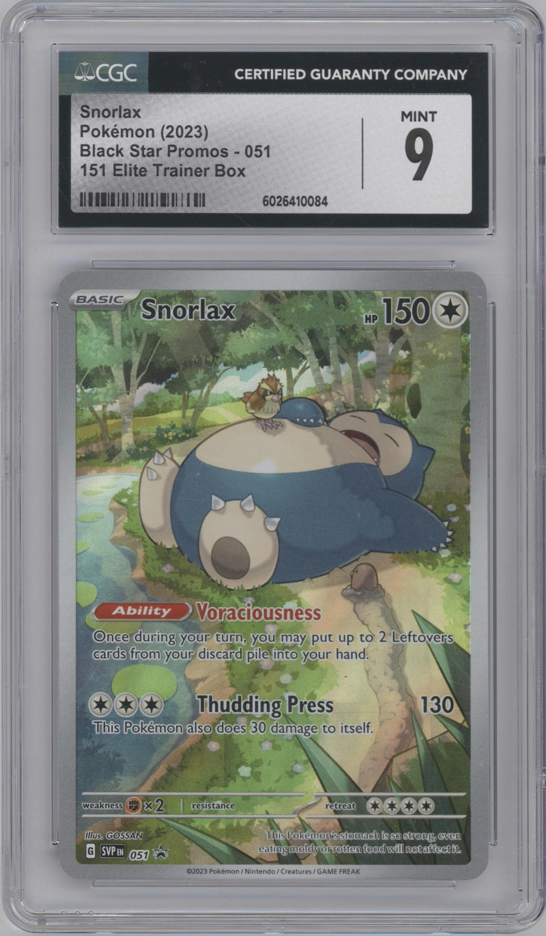 Snorlax from the 2023 Pokemon SV set featuring a Scarlet & Violet 151 Elite Trainer Box parallel graded by CSG and given an overall grade of 9.