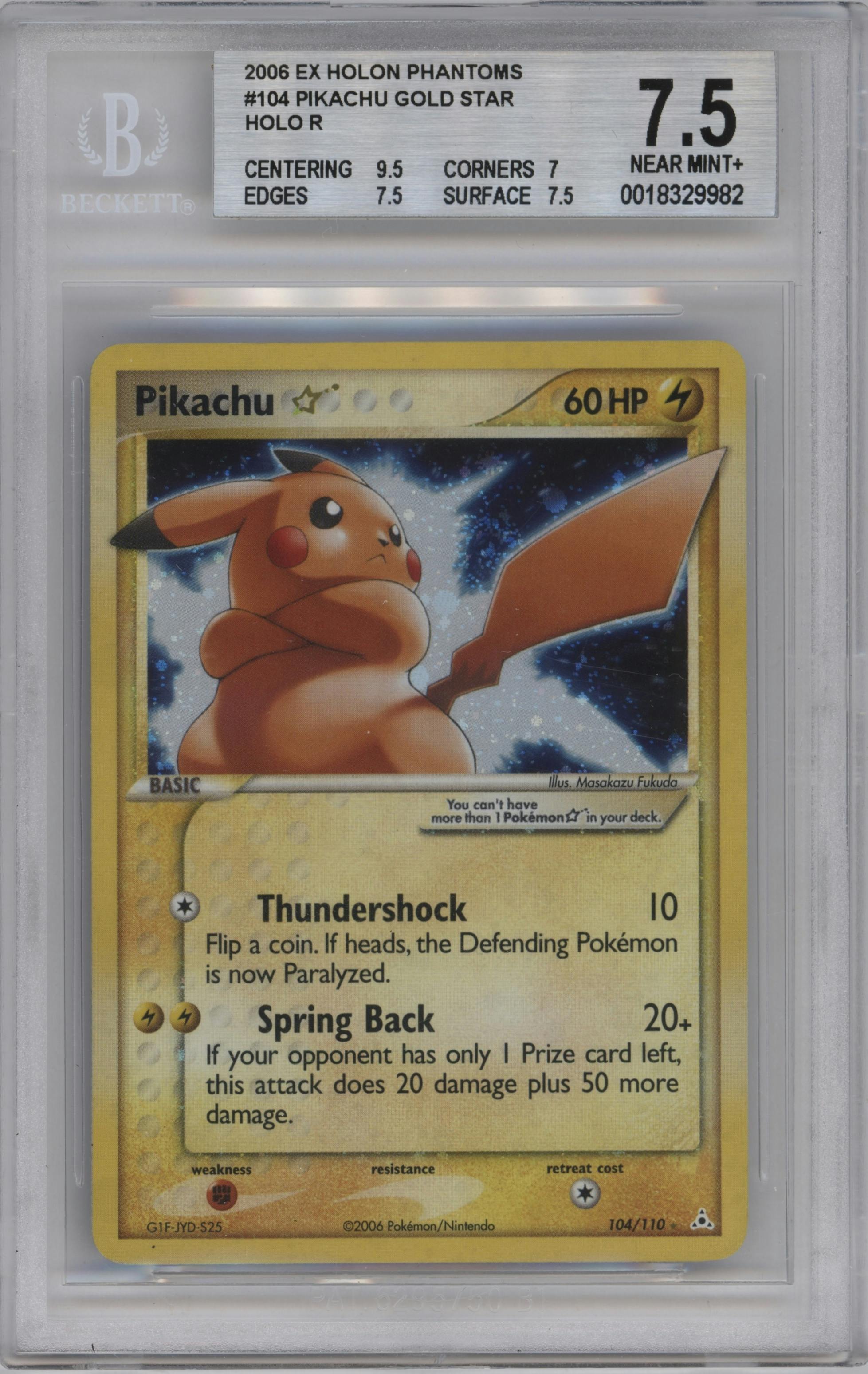Pikachu Gold Star from the 2006 Pokemon EX set graded by Beckett and given an overall grade of 7.5.