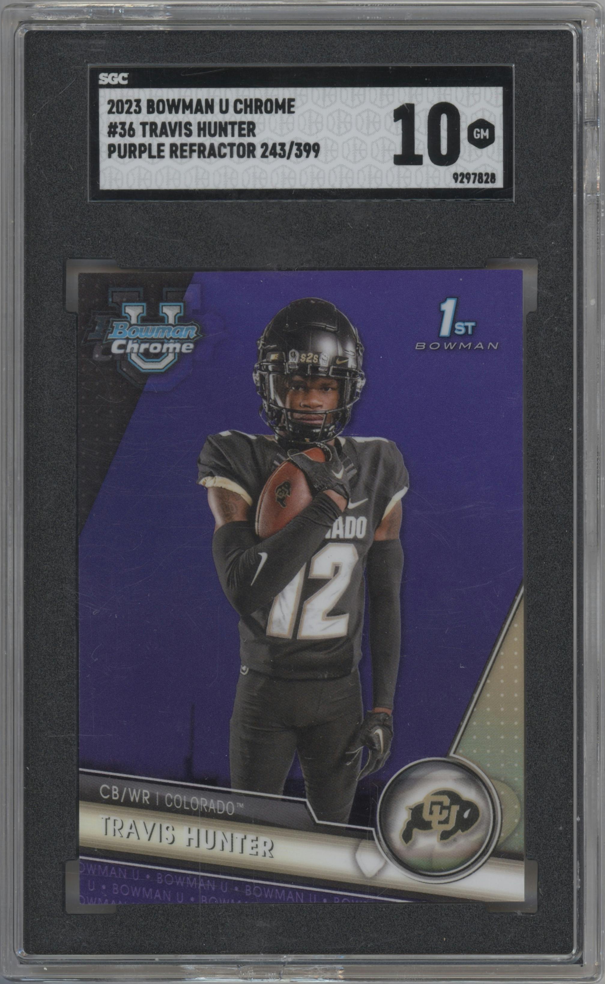 Travis Hunter  from the 2023 Bowman Chrome University set featuring a Purple Refractor parallel graded by SGC and given an overall grade of 10.