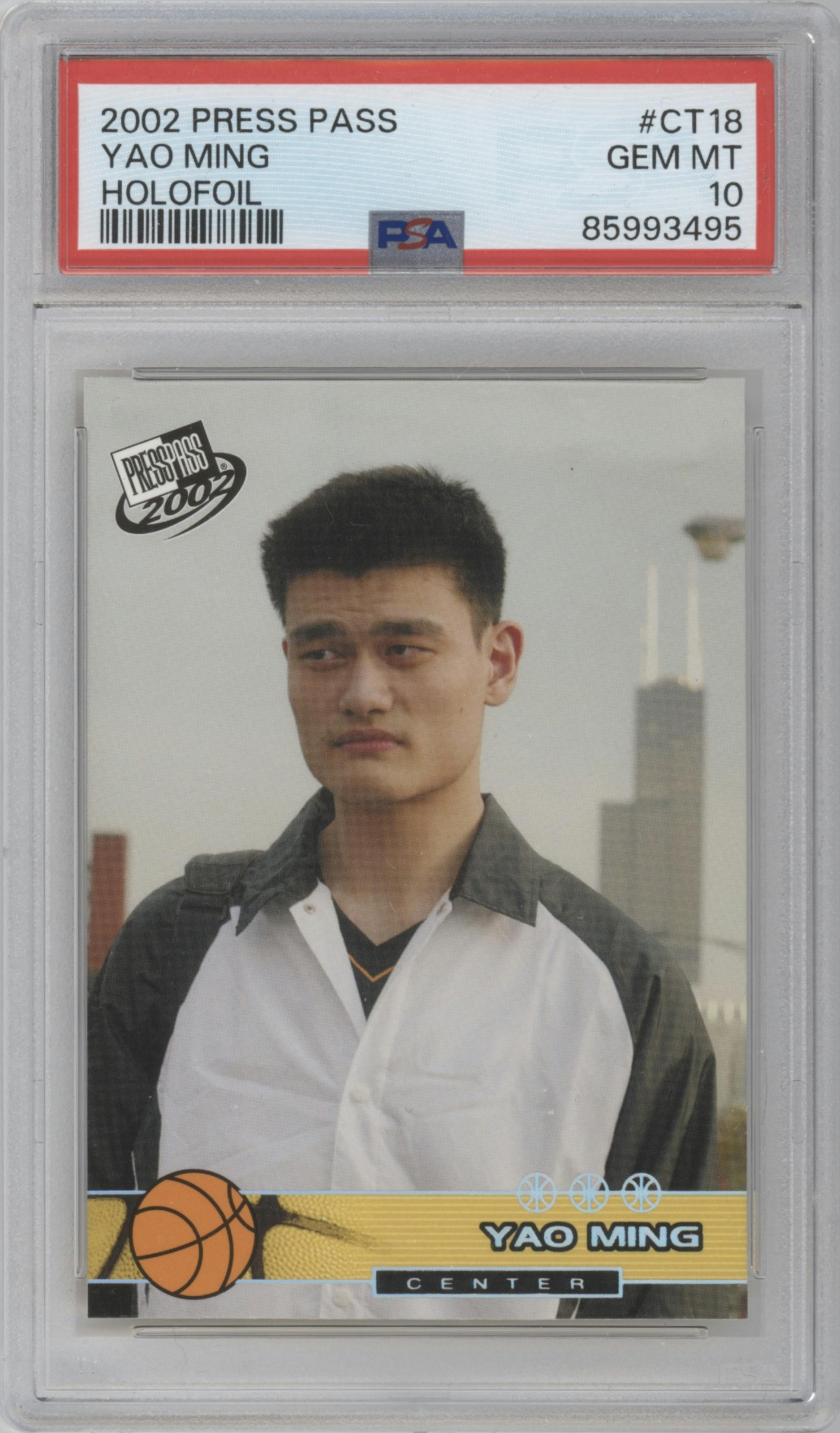 Yao Ming from the 2002 Press Pass set graded by PSA and given an overall grade of 10.