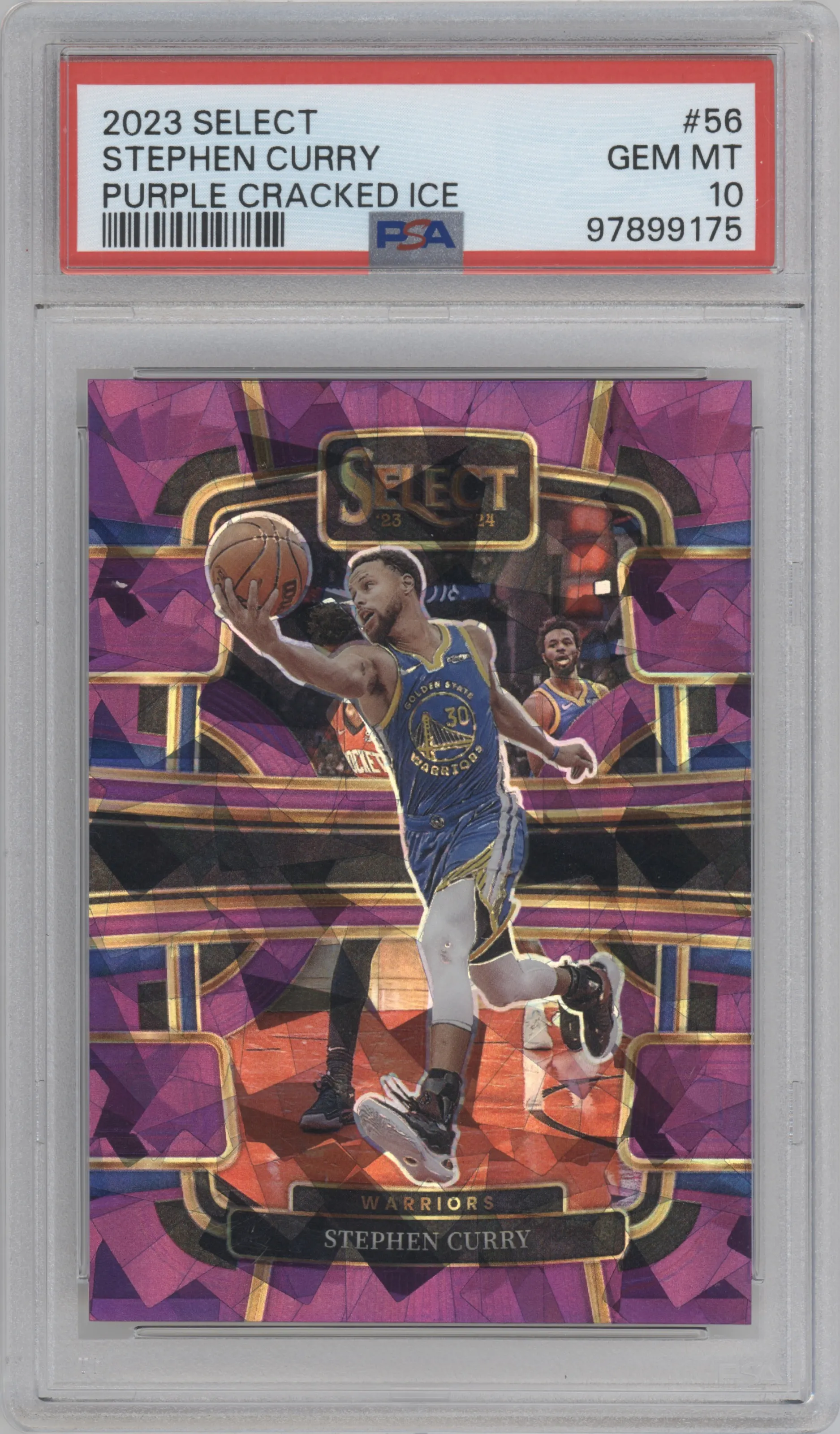 Stephen Curry from the 2023-24 Panini Select  set featuring a Purple Cracked Ice Prizm parallel graded by PSA and given an overall grade of 10.