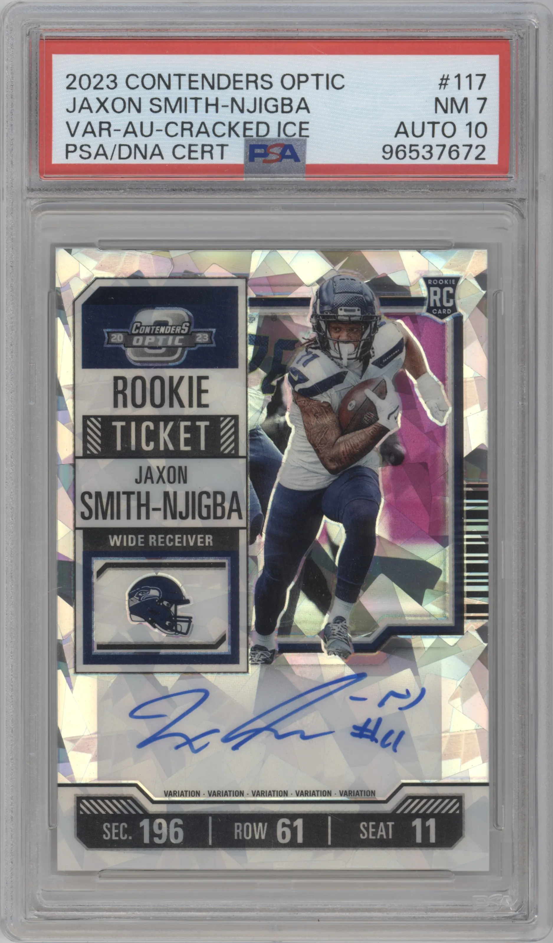 Jaxon Smith-Njigba  from the 2023 Panini Contenders Optic set featuring a Cracked Ice parallel graded by PSA and given an overall grade of 7.