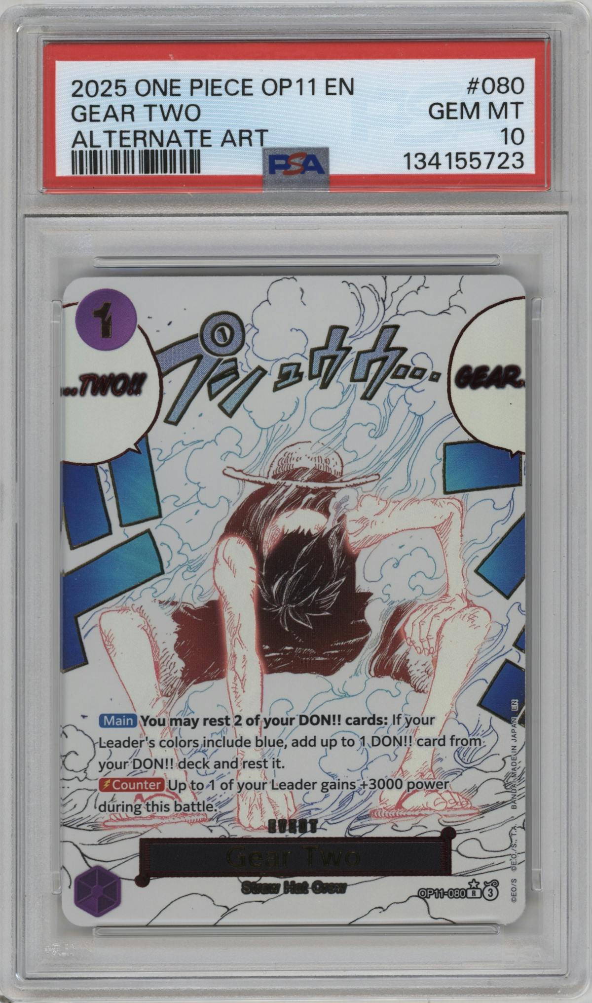 Gear Two from the 2025 One Piece set featuring a Alternate Art parallel graded by PSA and given an overall grade of 10.