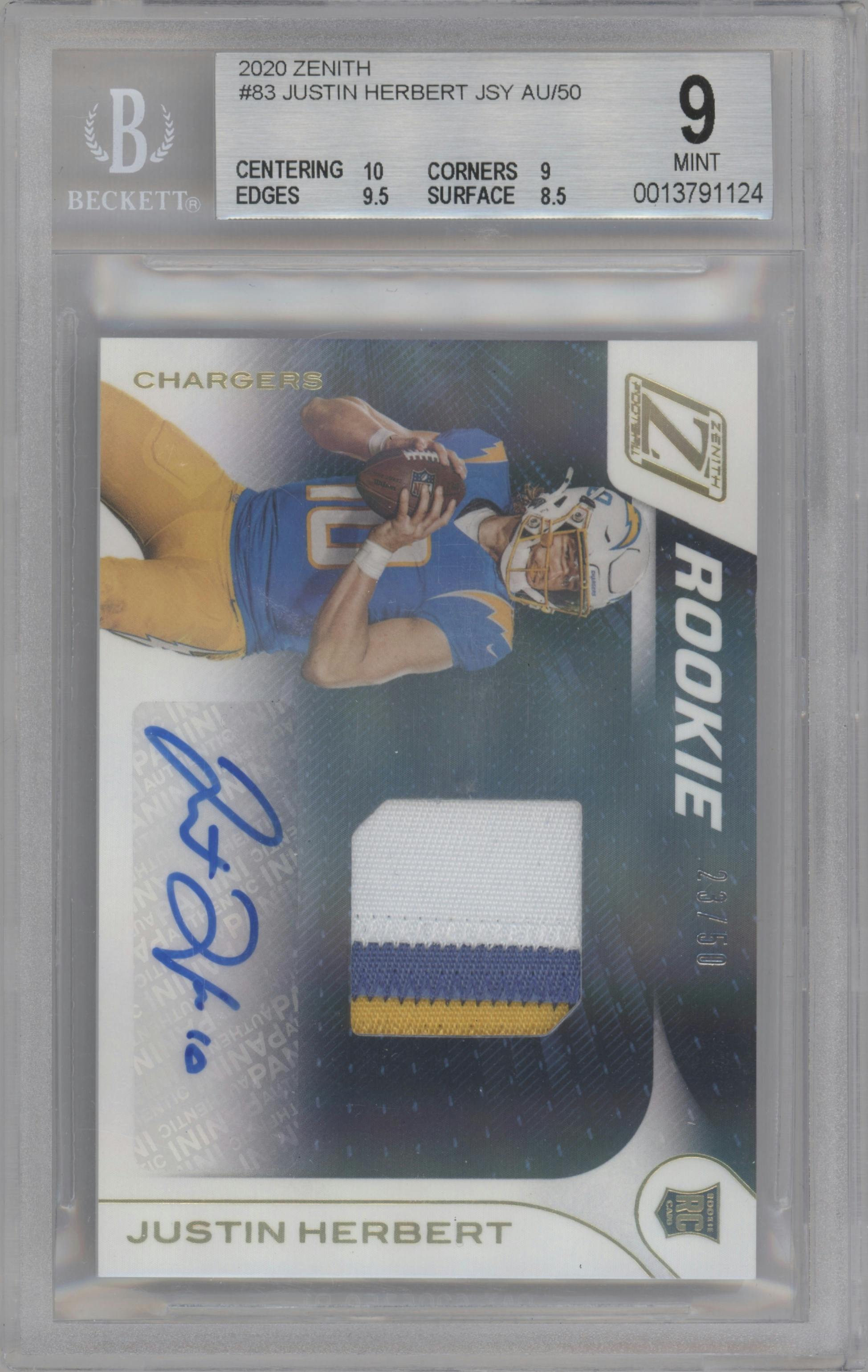 Justin Herbert from the 2020 Panini Zenith set graded by Beckett and given an overall grade of 9.