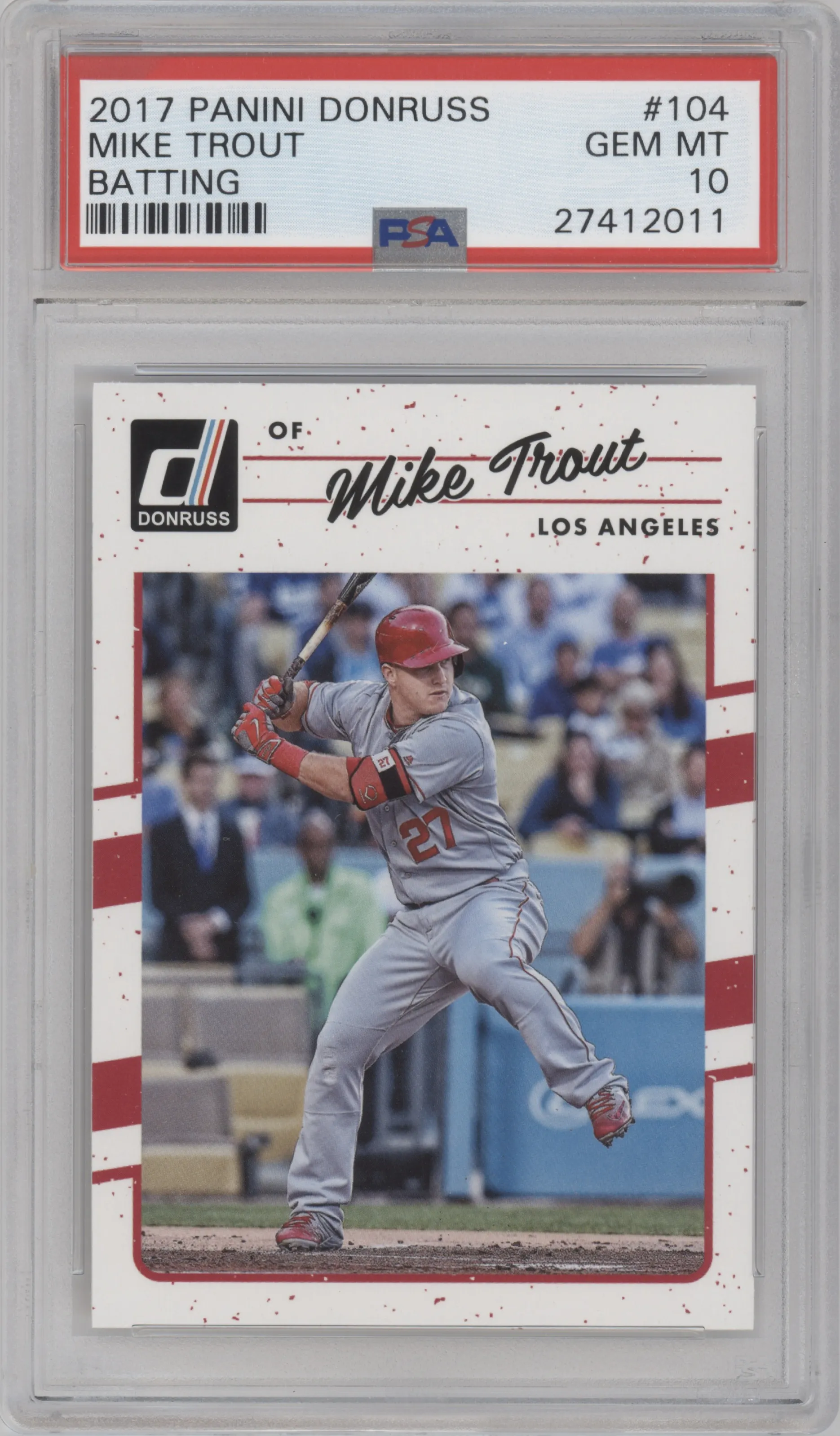 Mike Trout from the 2017 Panini Donruss set graded by PSA and given an overall grade of 10.