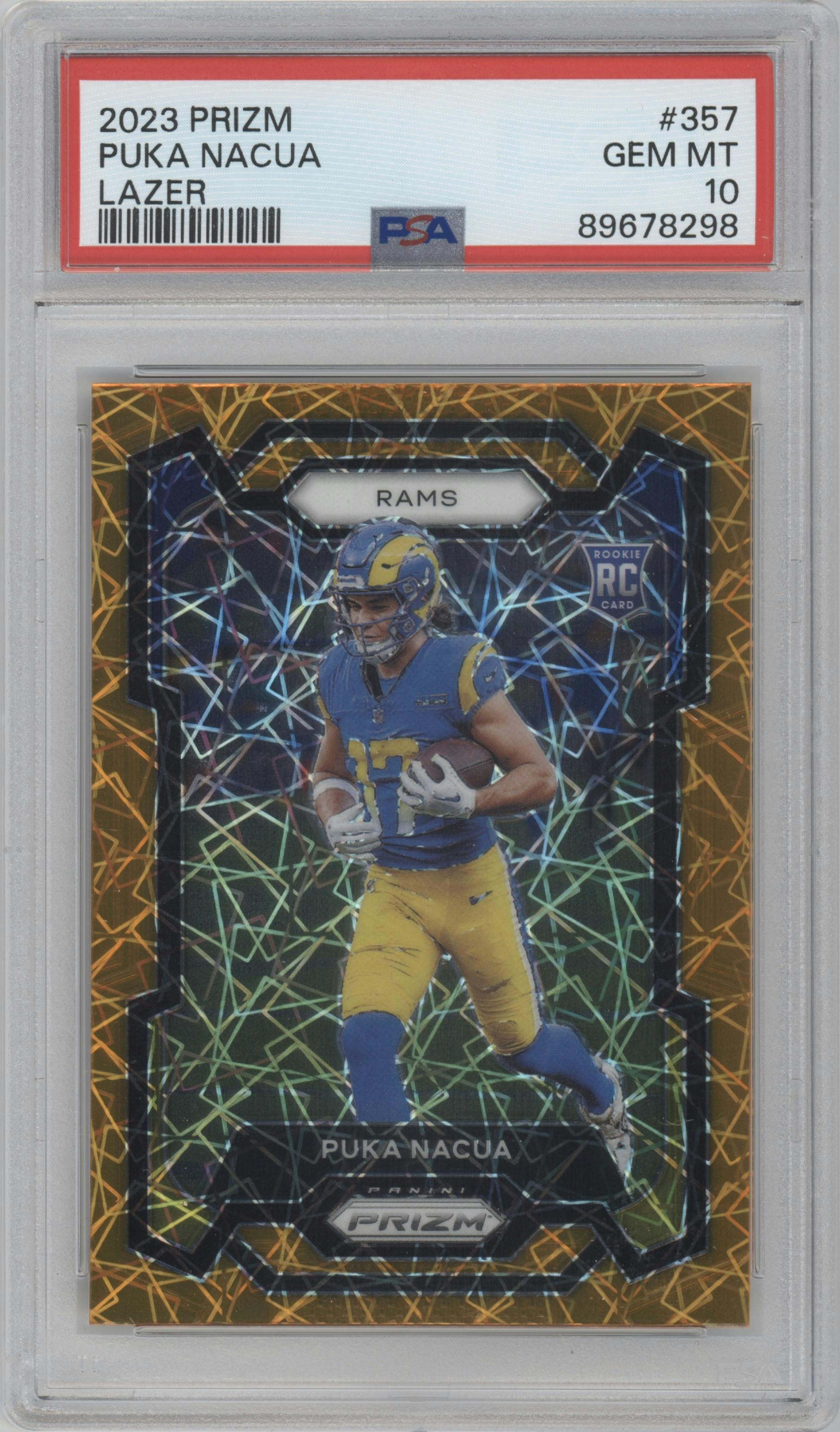 Puka Nacua from the 2023 Panini Prizm set featuring a Lazer parallel graded by PSA and given an overall grade of 10.