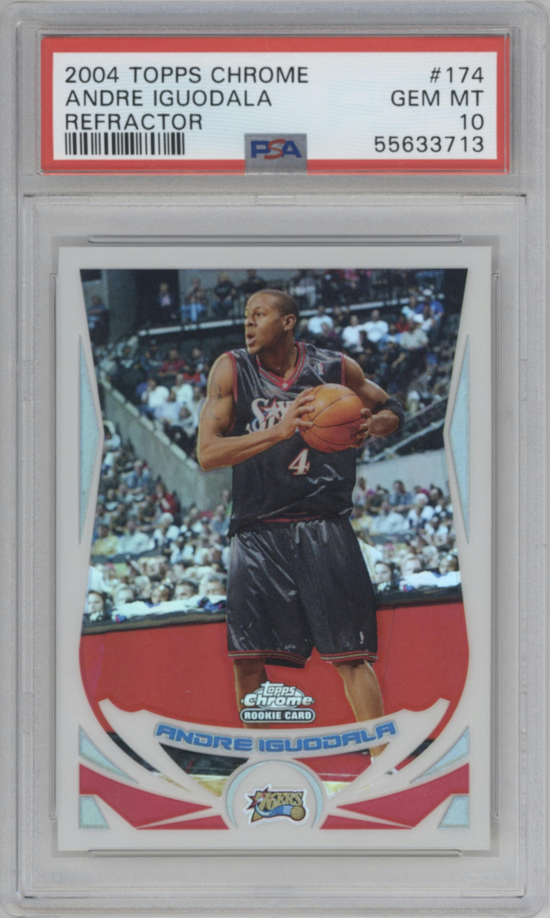 Andre Iguodala from the 2004-05 Topps Chrome set featuring a Refractor parallel graded by PSA and given an overall grade of 10.