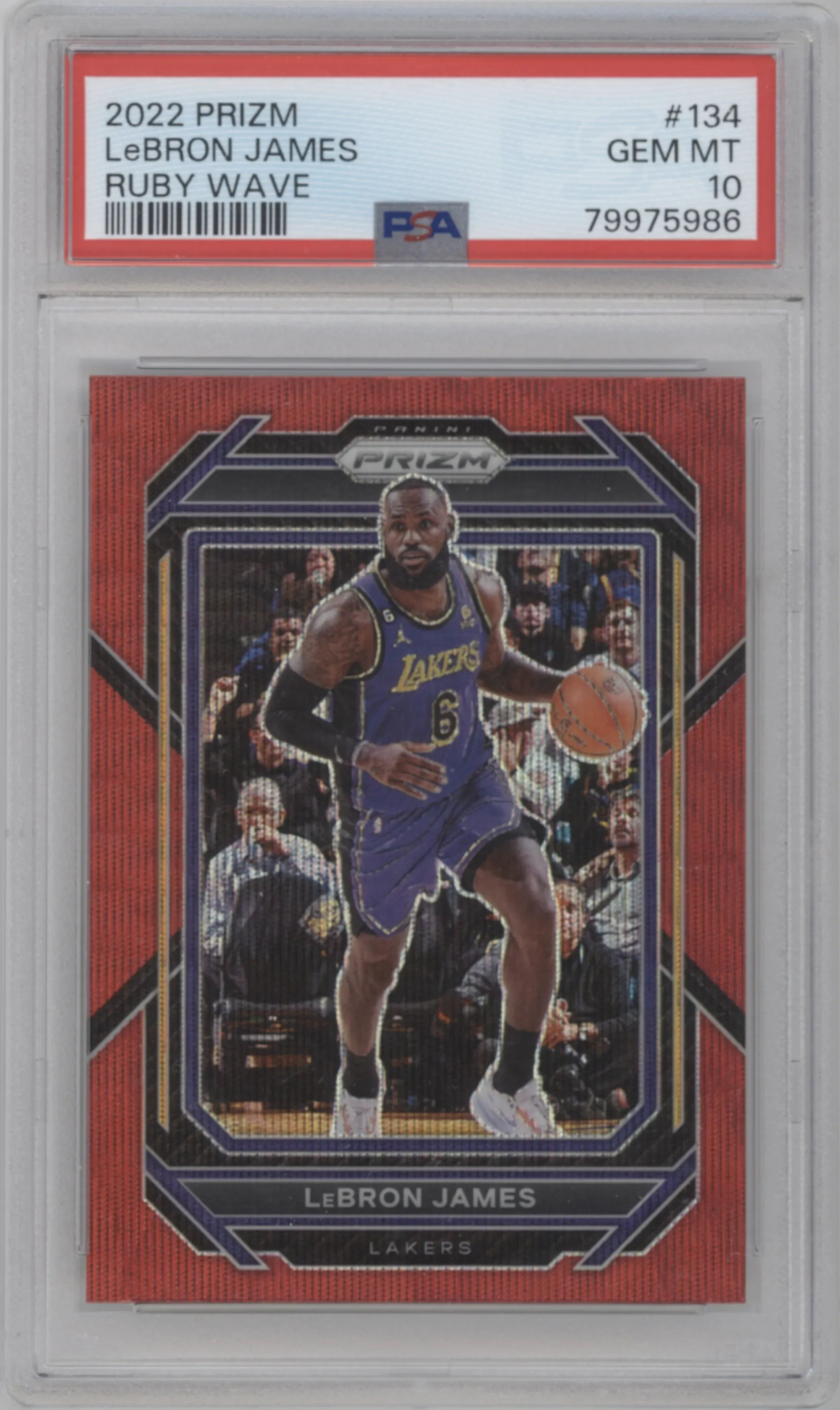 LeBron James from the 2022-23 Panini Prizm  set featuring a Ruby Wave parallel graded by PSA and given an overall grade of 10.