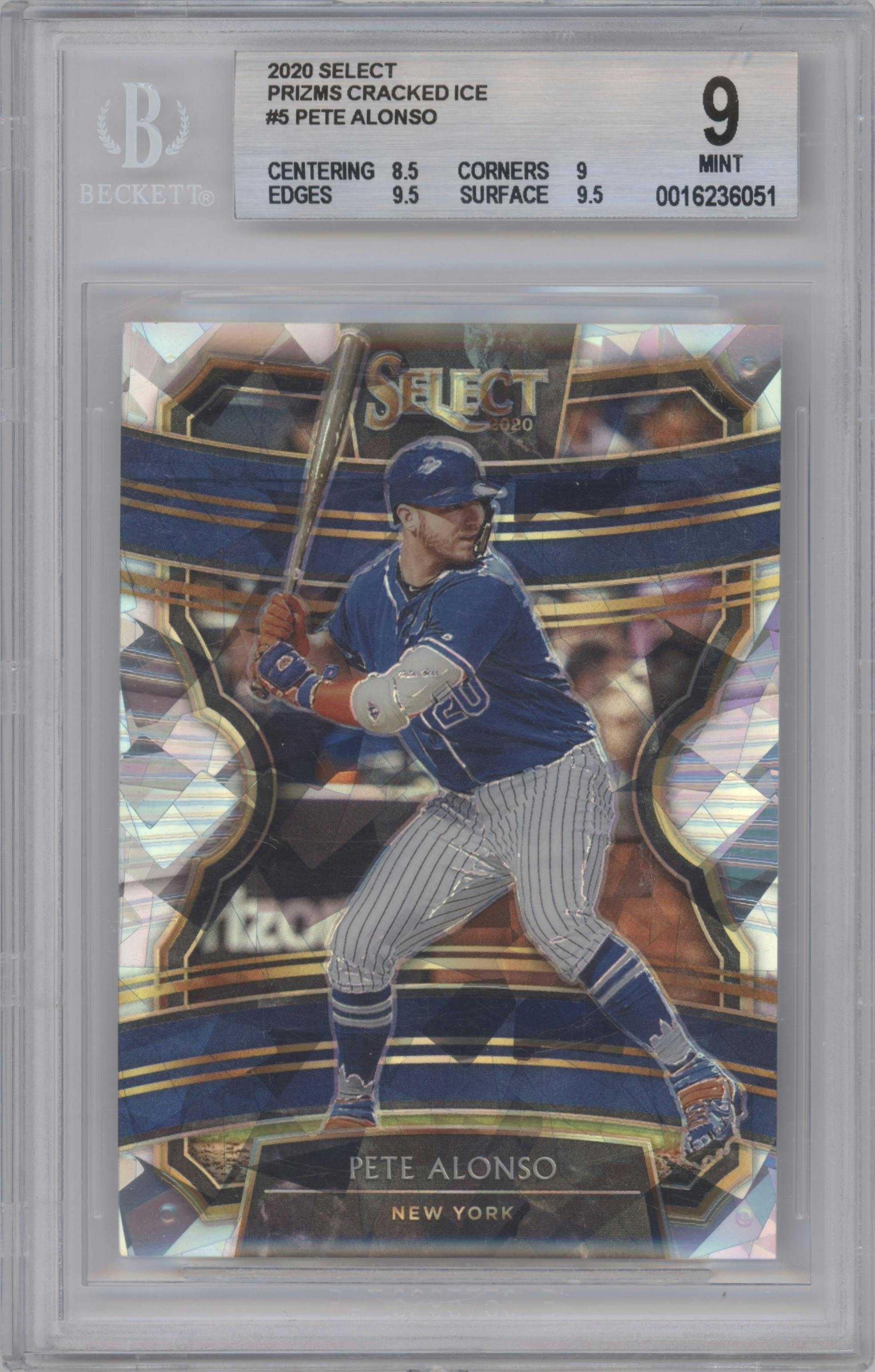 Pete Alonso from the 2020 Panini Select set featuring a Cracked Ice parallel graded by Beckett and given an overall grade of 9.