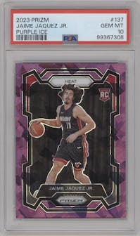 Jaime Jaquez Jr. from the 2023-24 Panini Prizm set featuring a Purple Ice  parallel graded by PSA and given an overall grade of 10.