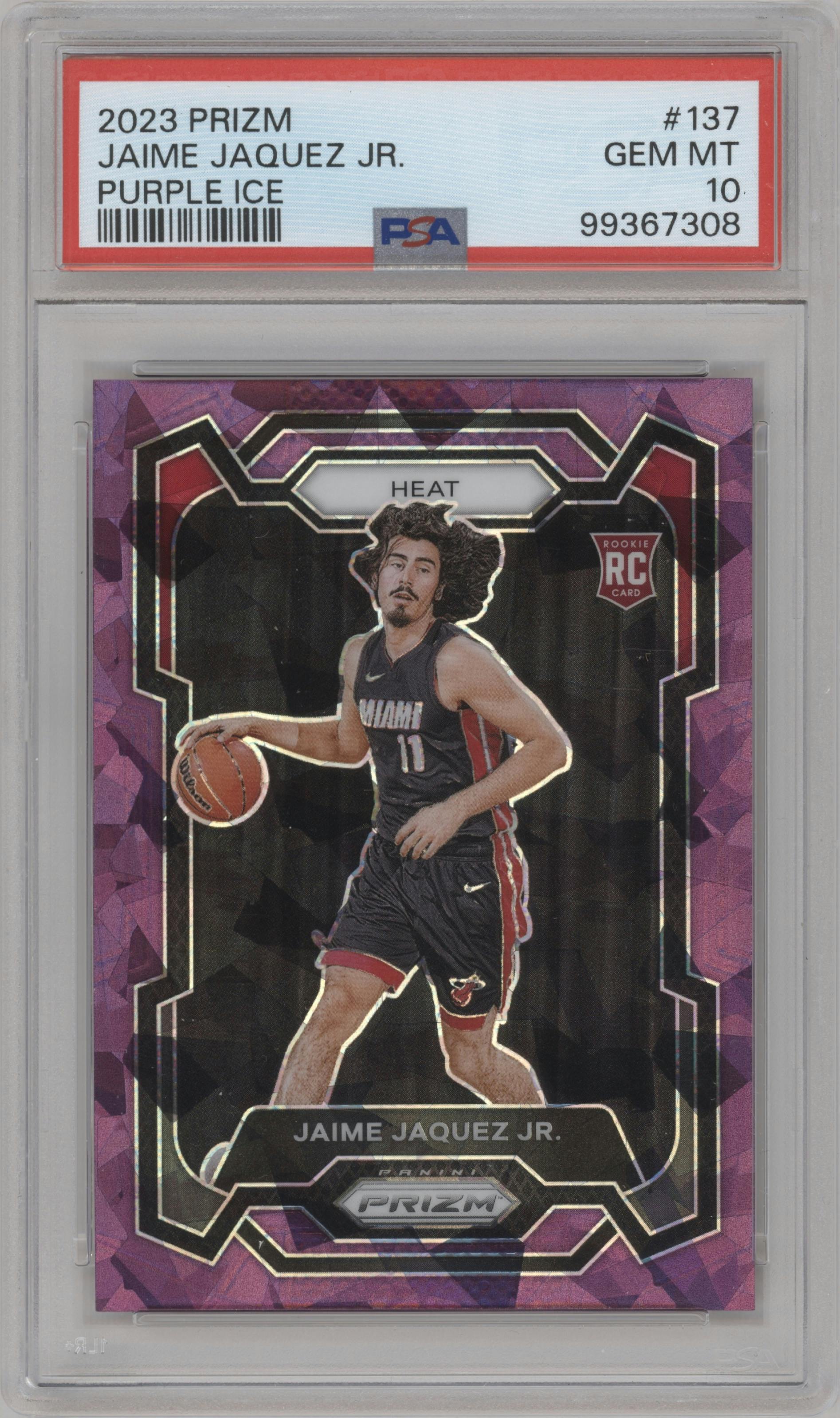 Jaime Jaquez Jr. from the 2023-24 Panini Prizm set featuring a Purple Ice  parallel graded by PSA and given an overall grade of 10.