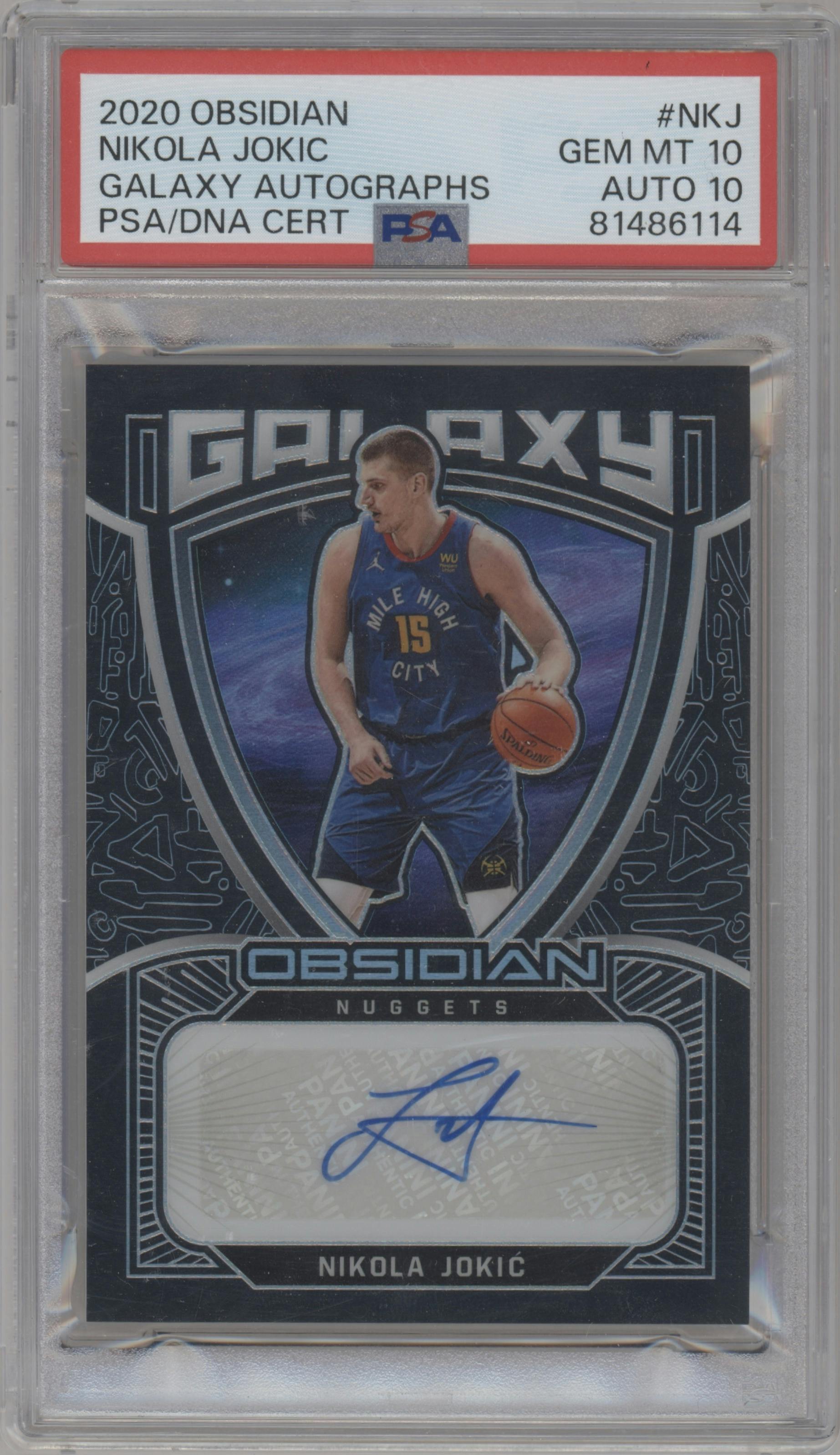Nikola Jokic from the 2020-21 Panini Obsidian set graded by PSA and given an overall grade of 10.