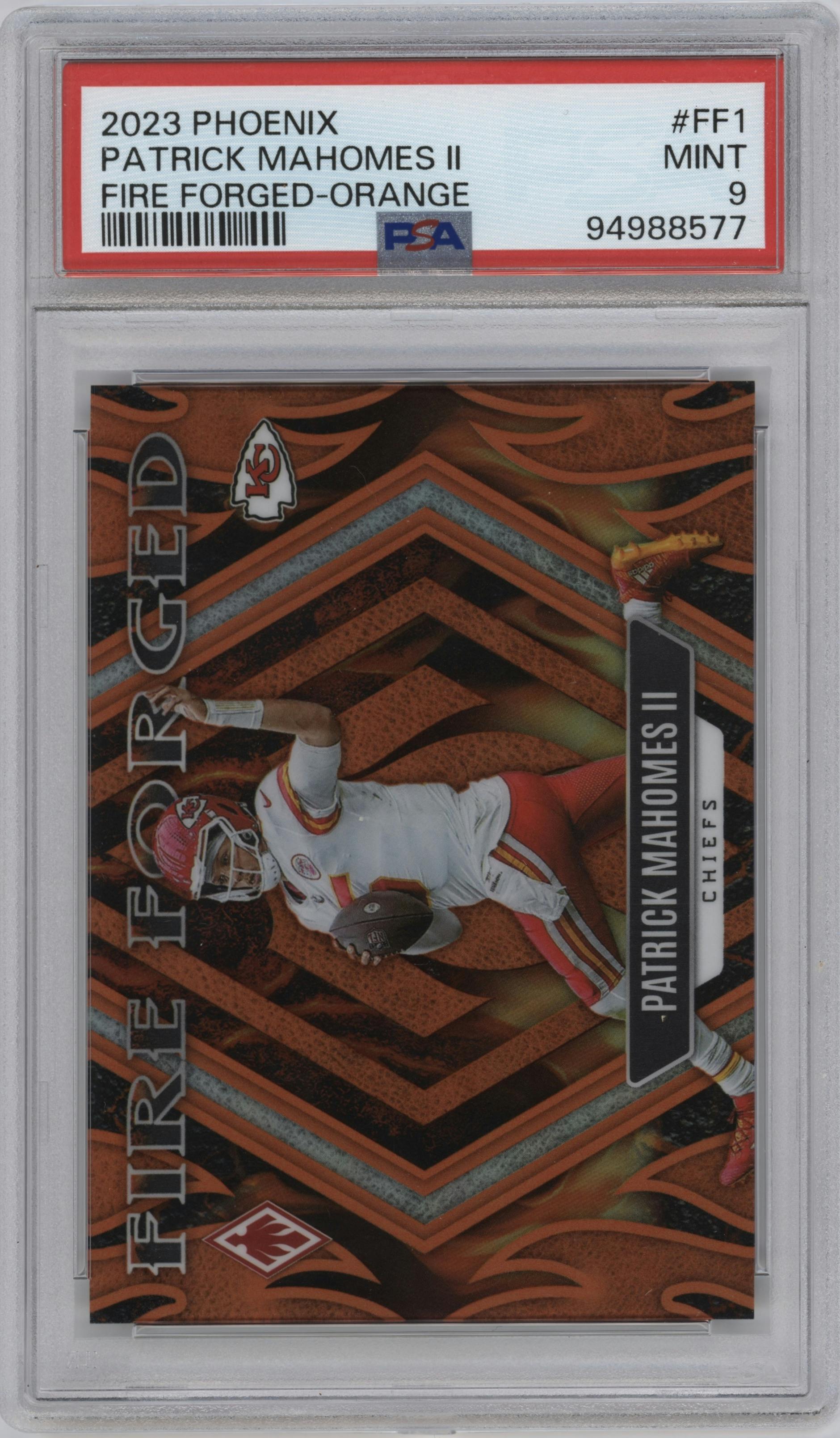 Patrick Mahomes II from the 2023 Panini Phoenix set featuring a Orange parallel graded by PSA and given an overall grade of 9.