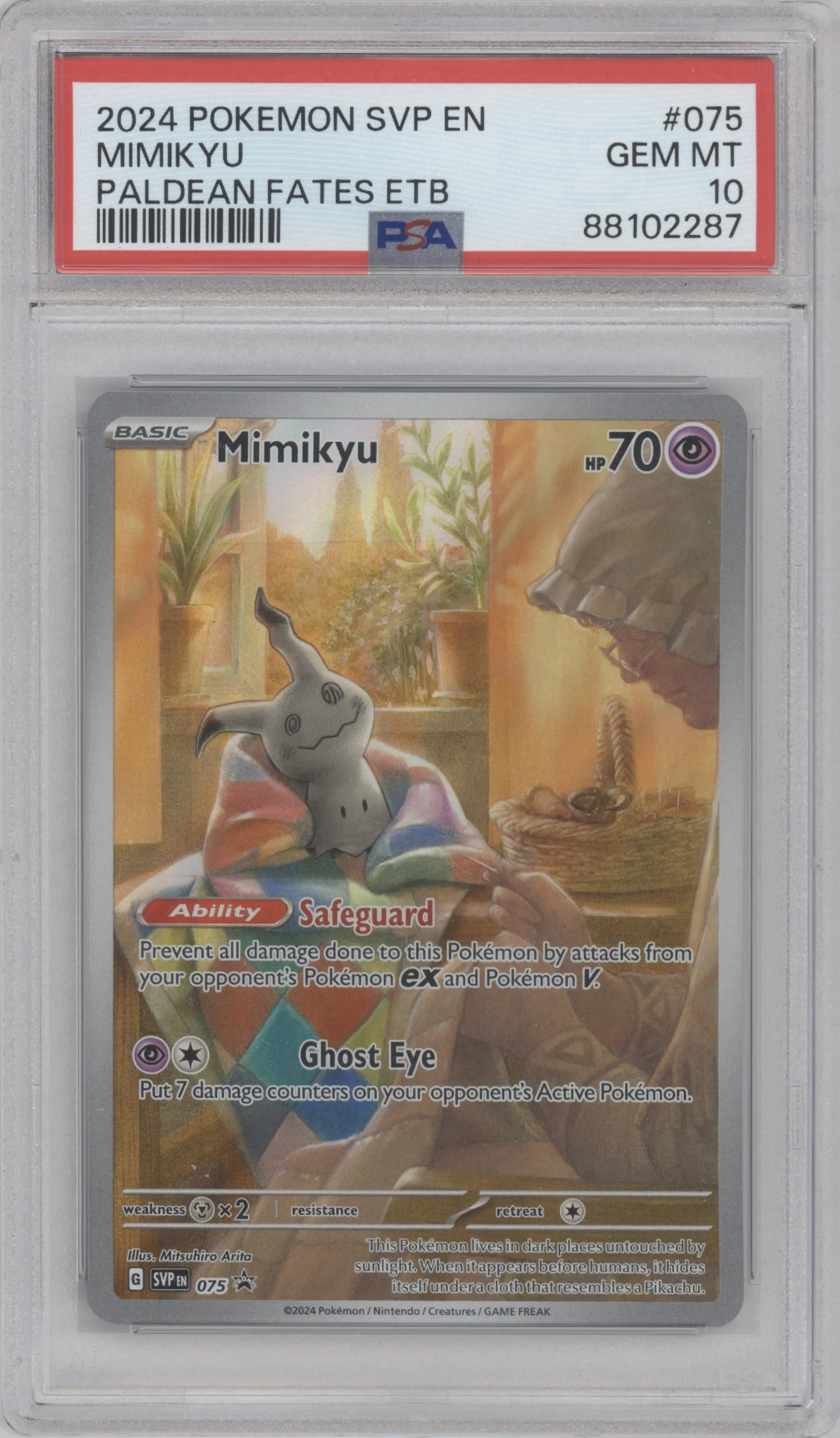 Mimikyu from the 2024 Pokemon SV set featuring a Paldean Fates Elite Trainer Box parallel graded by PSA and given an overall grade of 10.