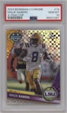 Malik Nabers from the 2023 Bowman Chrome University set featuring a X-Fractor parallel graded by PSA and given an overall grade of 10.