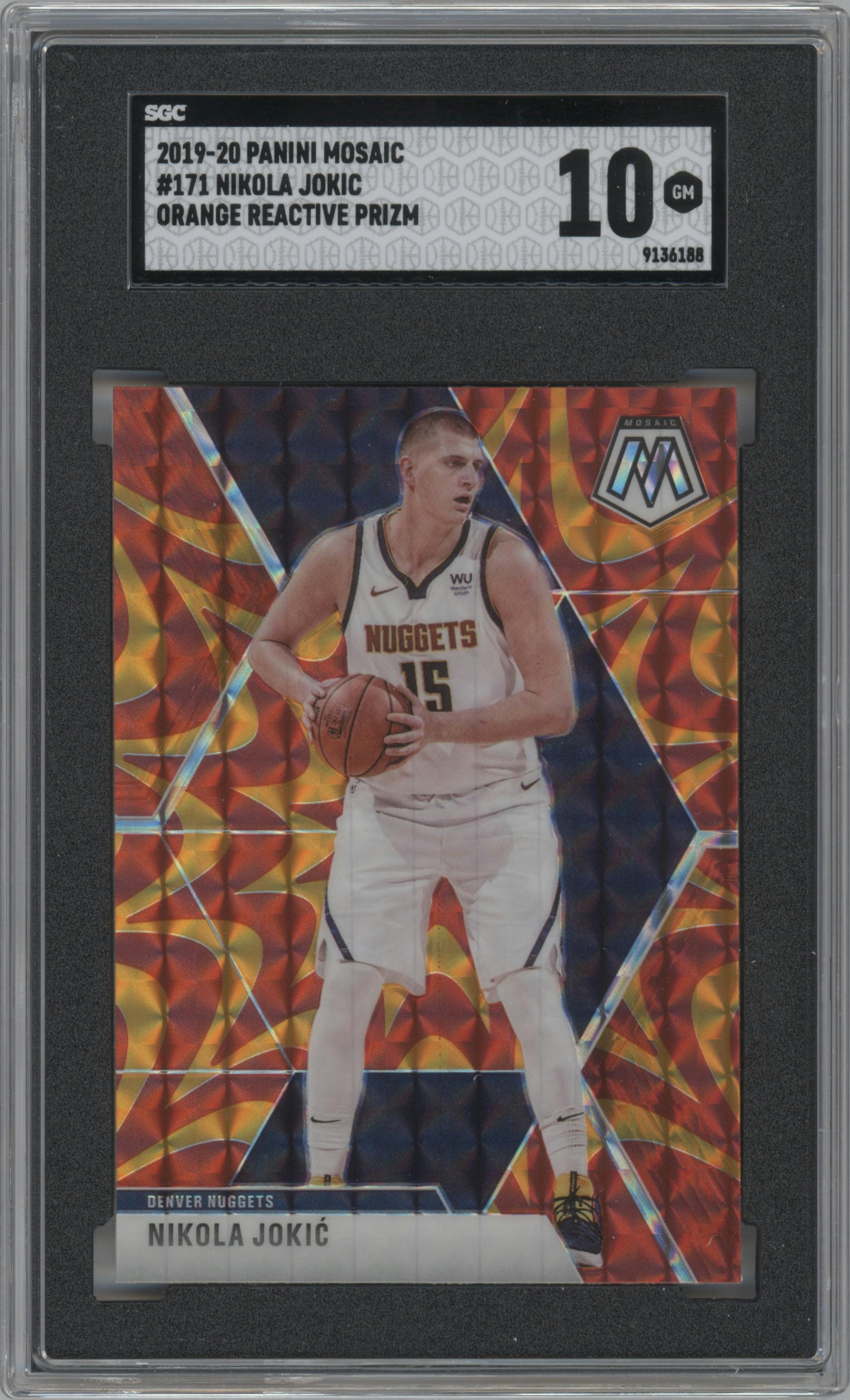 Nikola Jokic from the 2019-20 Panini Mosaic  set featuring a Reactive Orange parallel graded by SGC and given an overall grade of 10.