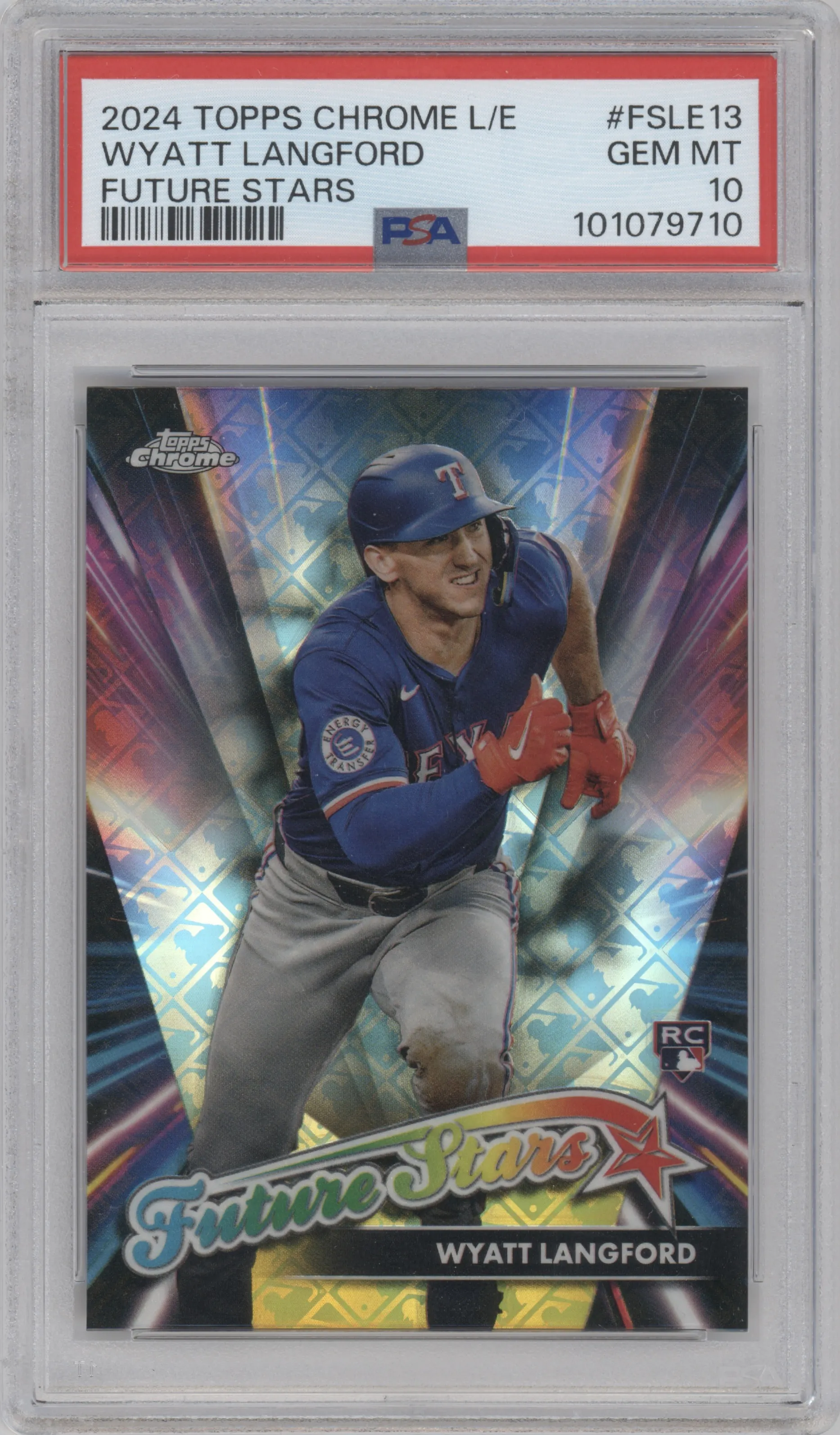 Wyatt Langford from the 2024 Topps Chrome Logofractor set graded by PSA and given an overall grade of 10.