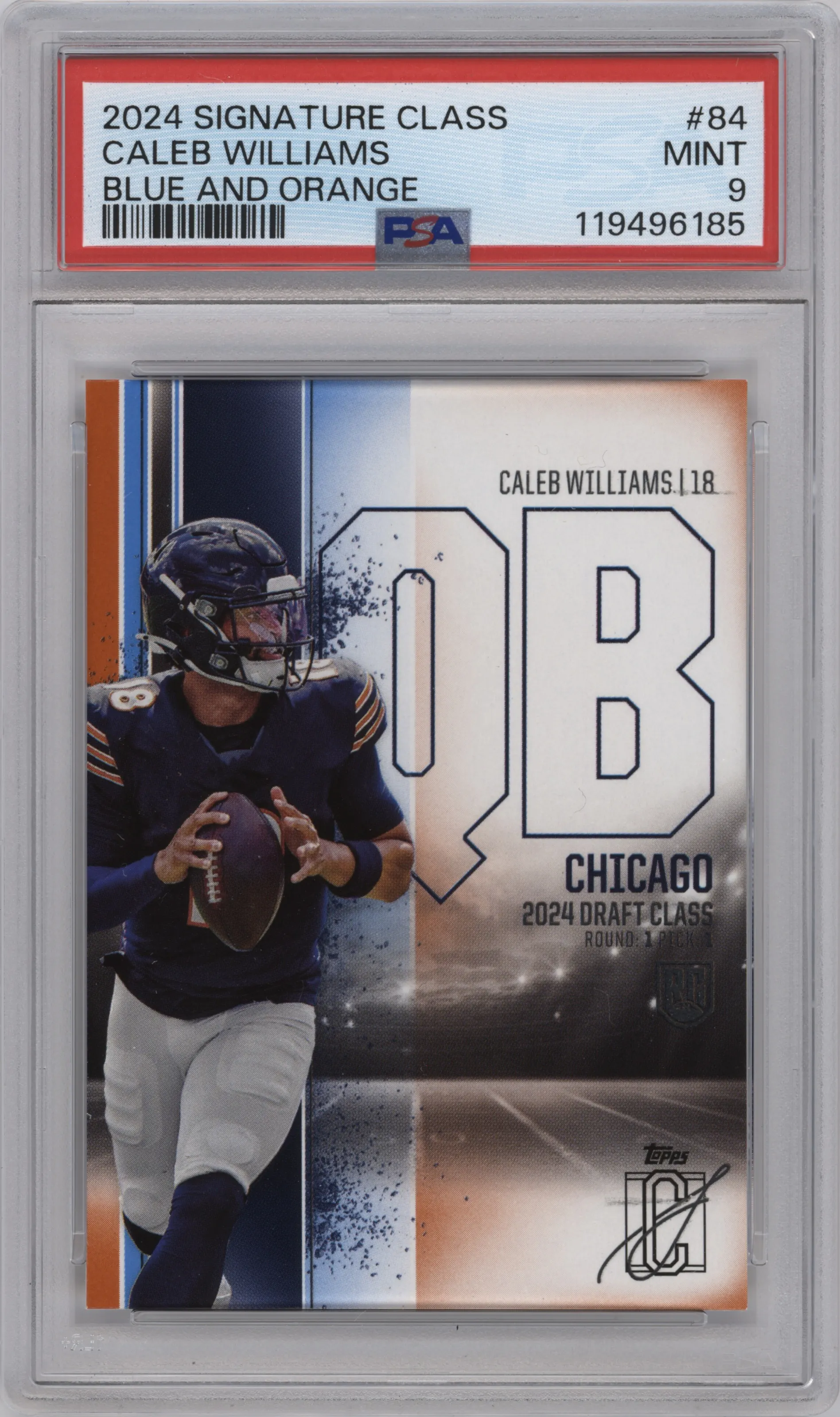Caleb Williams  from the 2024 Topps Signature Class set featuring a Blue & Orange parallel graded by PSA and given an overall grade of 9.