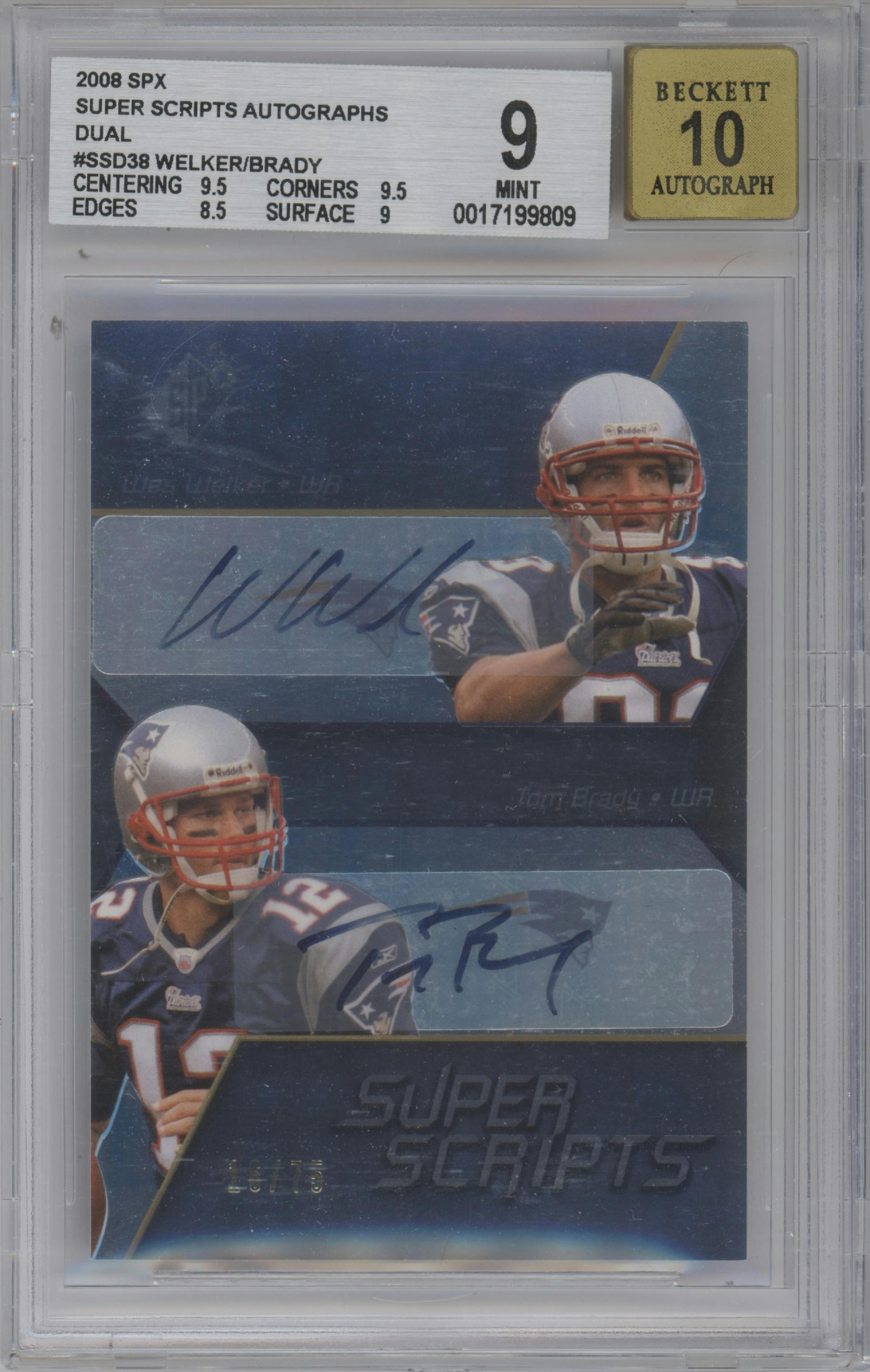 Wes Welker/Tom Brady from the 2008 Upper Deck SPx set graded by Beckett and given an overall grade of 9.