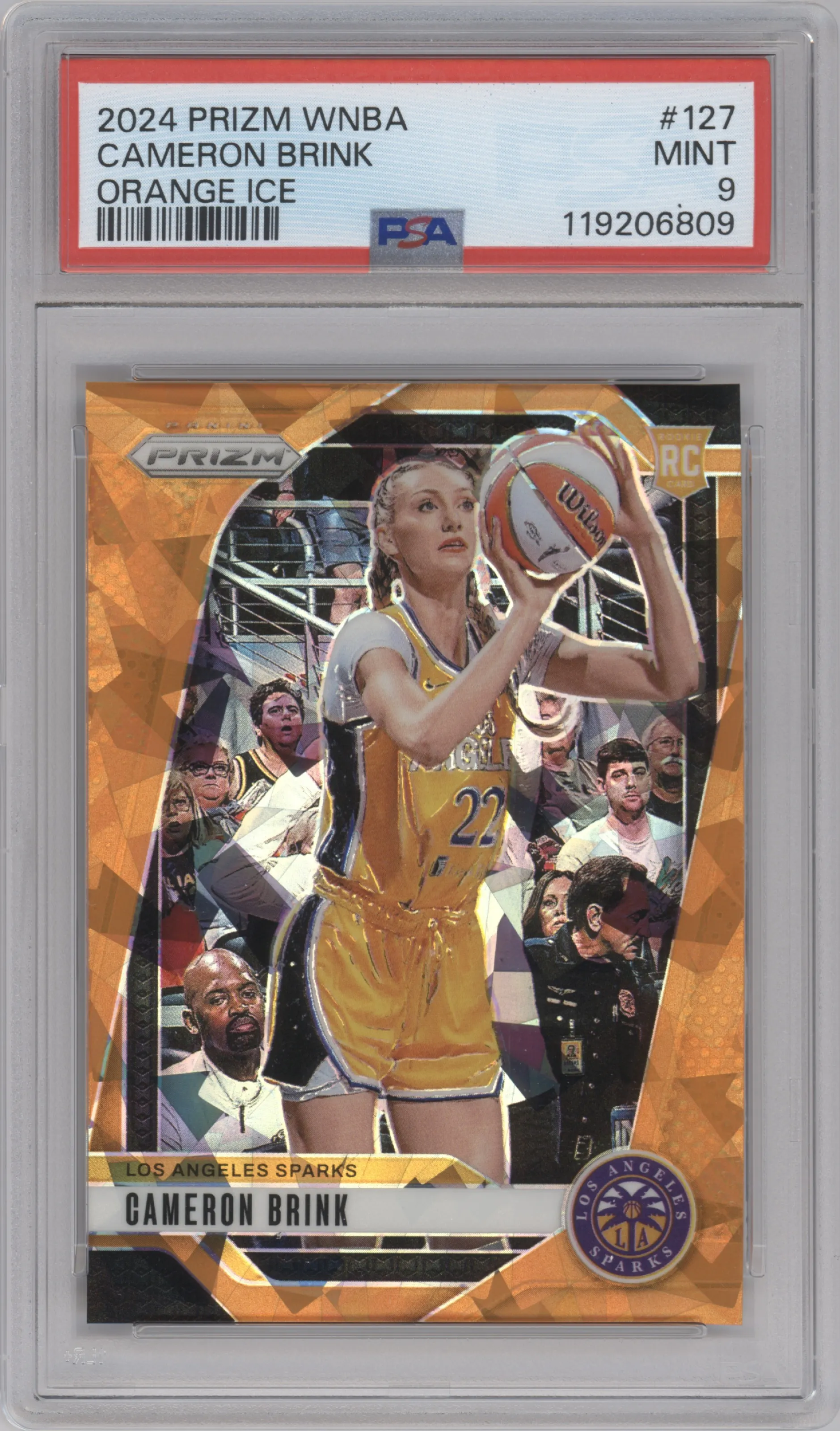 Cameron Brink from the 2024 Panini Prizm WNBA set featuring a Orange Ice Prizm parallel graded by PSA and given an overall grade of 9.