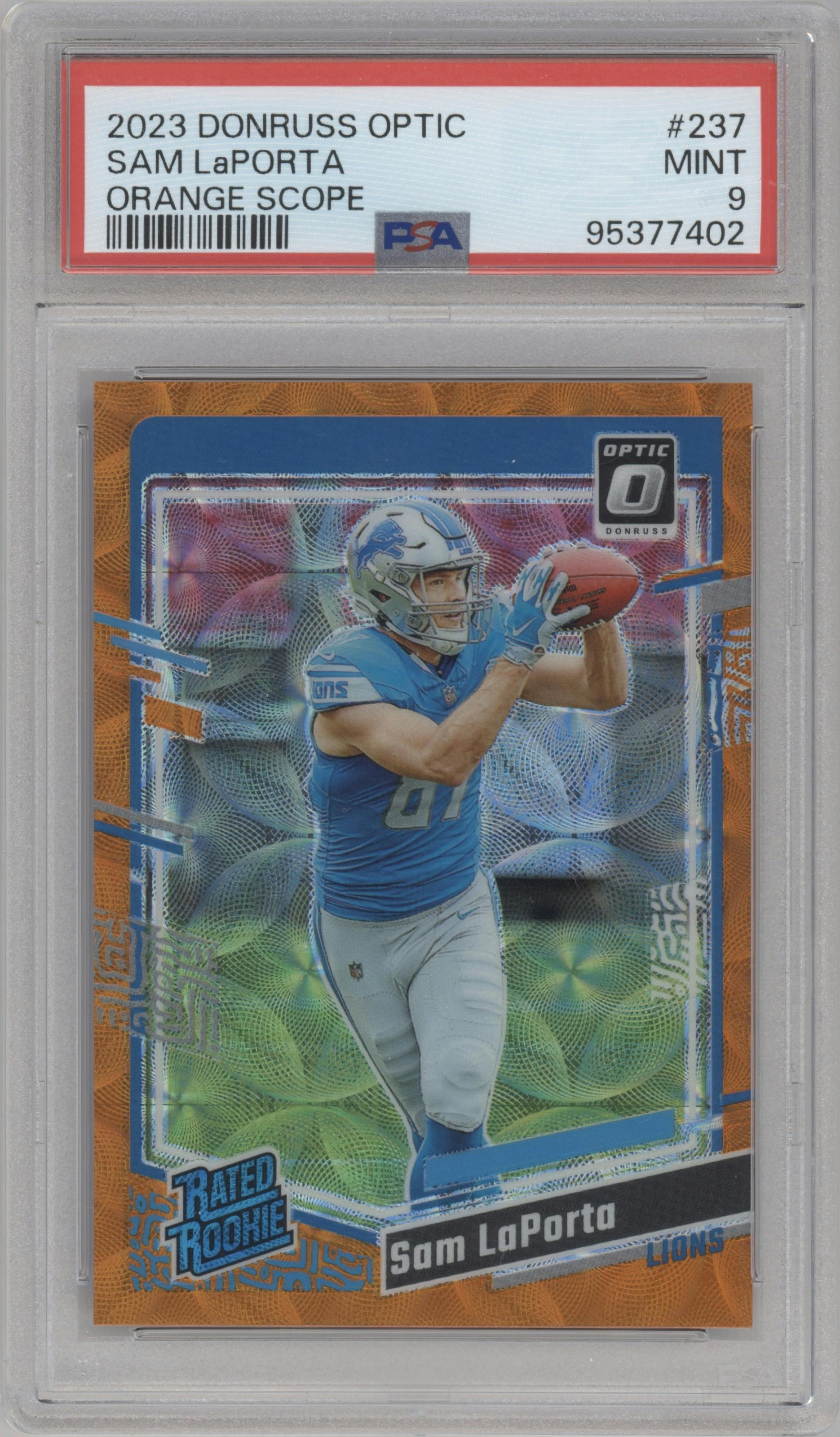 Sam LaPorta from the 2023 Donruss Optic set featuring a Orange Scope parallel graded by PSA and given an overall grade of 9.