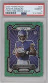 Jordan Addison from the 2023 Panini Prizm set featuring a Green Wave  parallel graded by PSA and given an overall grade of 10.