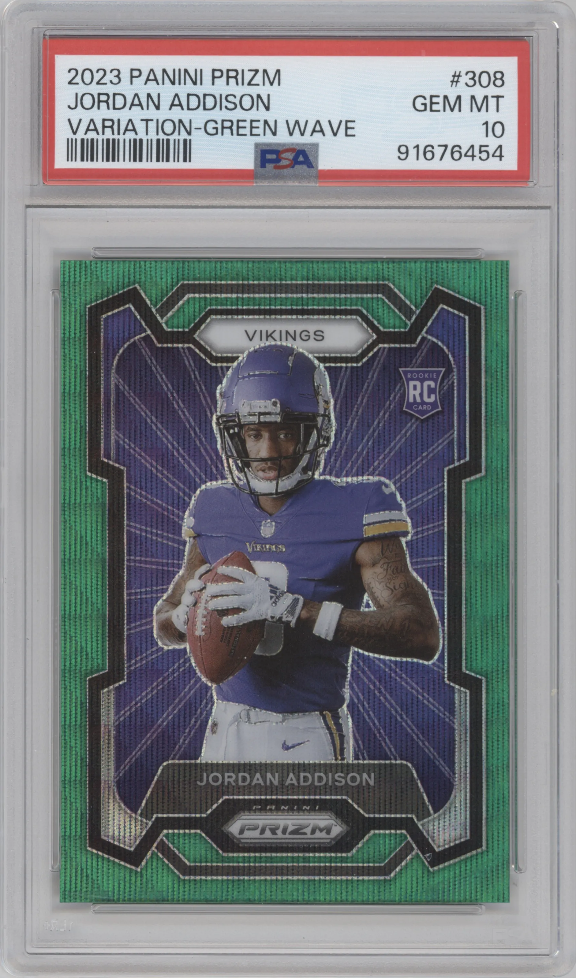 Jordan Addison from the 2023 Panini Prizm set featuring a Green Wave  parallel graded by PSA and given an overall grade of 10.