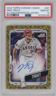 Mike Trout from the 2024 Topps Cosmic Chrome set featuring a Gold Interstellar Refractor parallel graded by PSA and given an overall grade of 10.