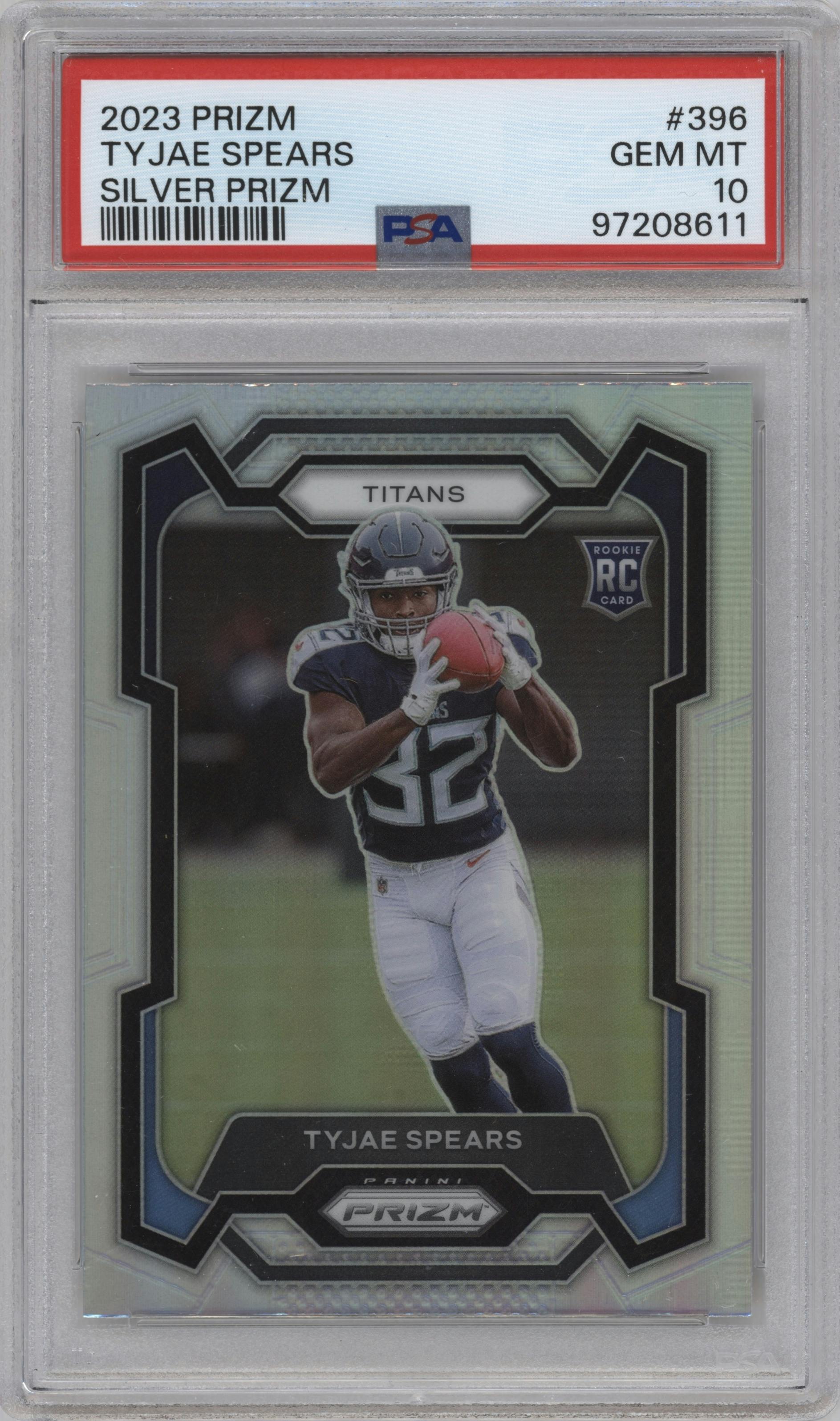 Tyjae Spears from the 2023 Panini Prizm set featuring a Silver Prizm parallel graded by PSA and given an overall grade of 10.