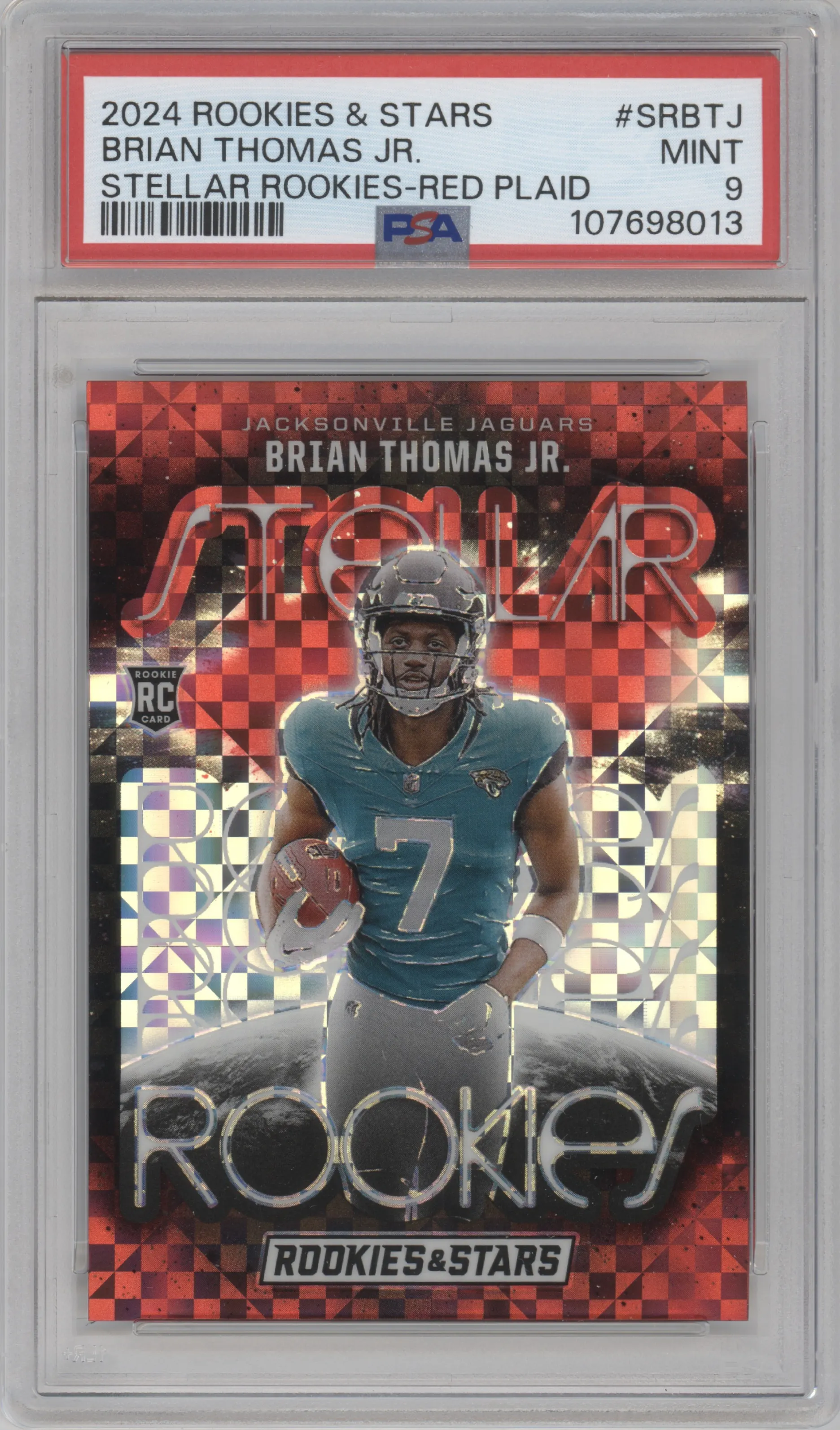 Brian Thomas Jr. from the 2024 Panini Rookies & Stars set featuring a Red Plaid parallel graded by PSA and given an overall grade of 9.