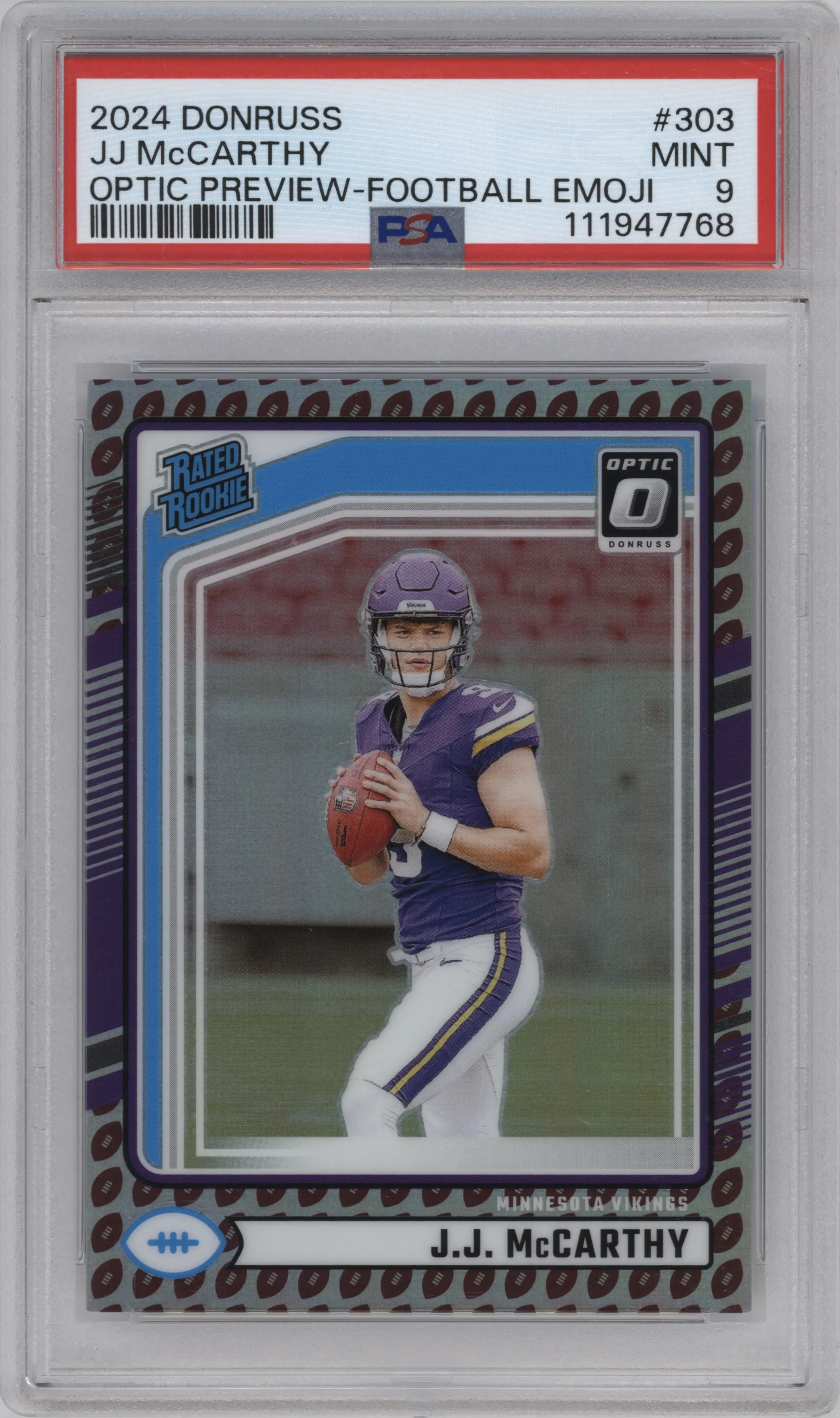 J.J. McCarthy from the 2024 Donruss set featuring a Football Emoji parallel graded by PSA and given an overall grade of 9.