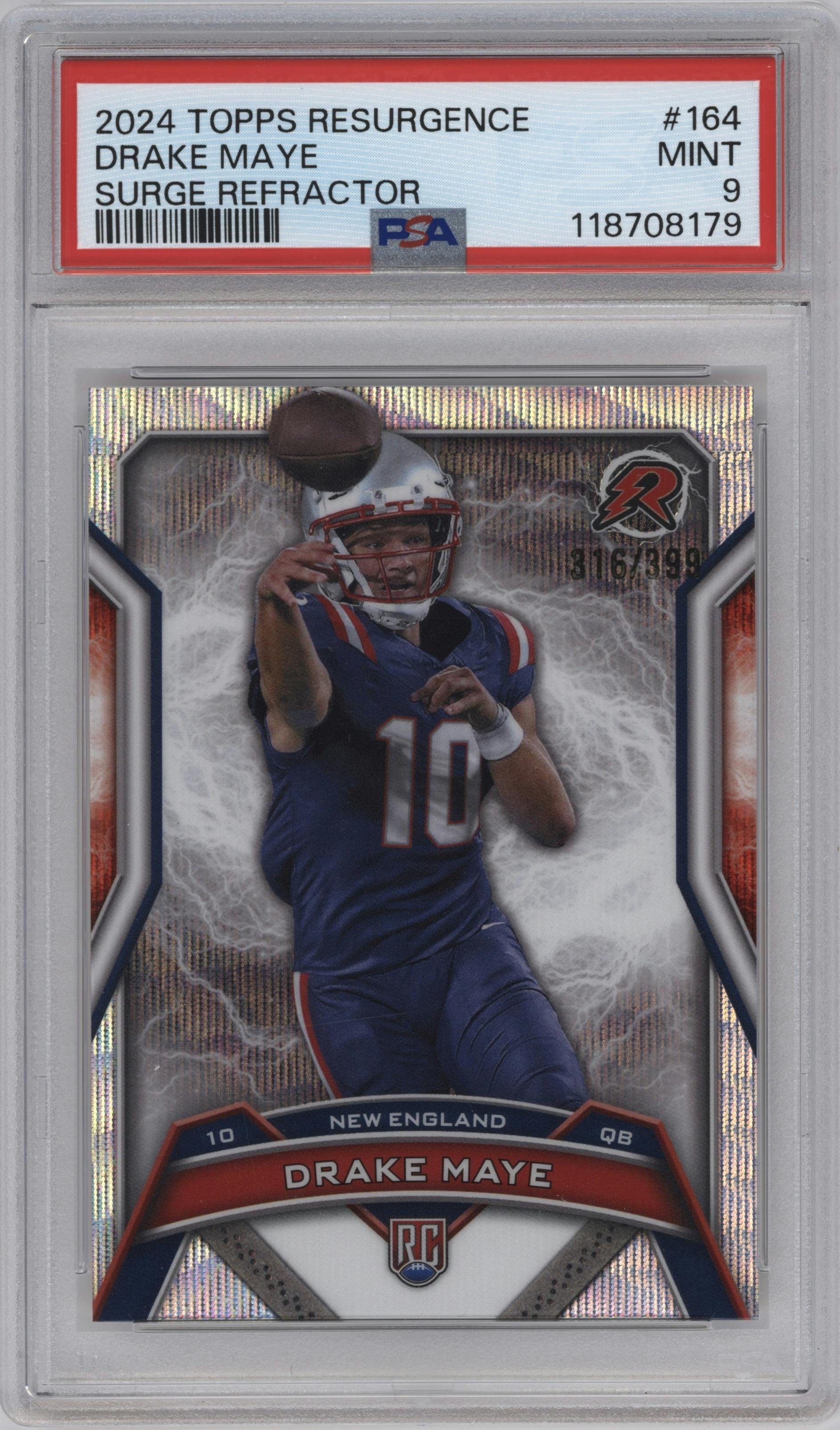 Drake Maye from the 2024 Topps Resurgence set featuring a Surge parallel graded by PSA and given an overall grade of 9.
